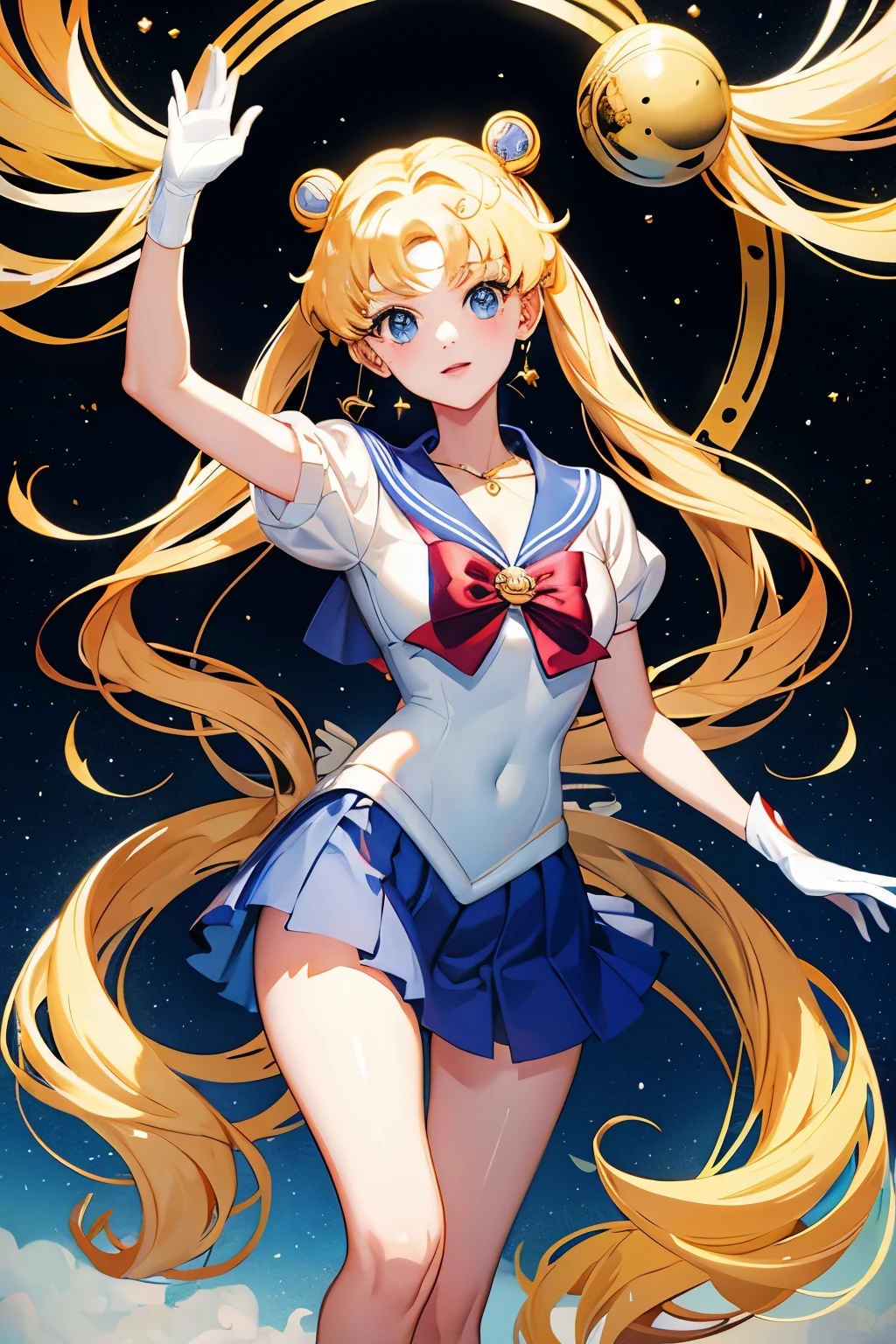 (masterpiece, best quality:1.2), Sailor Moon,1 girl, alone,blonde hair,blue sailor suit,long hair,jewelry,whole body,Double tail,White gloves