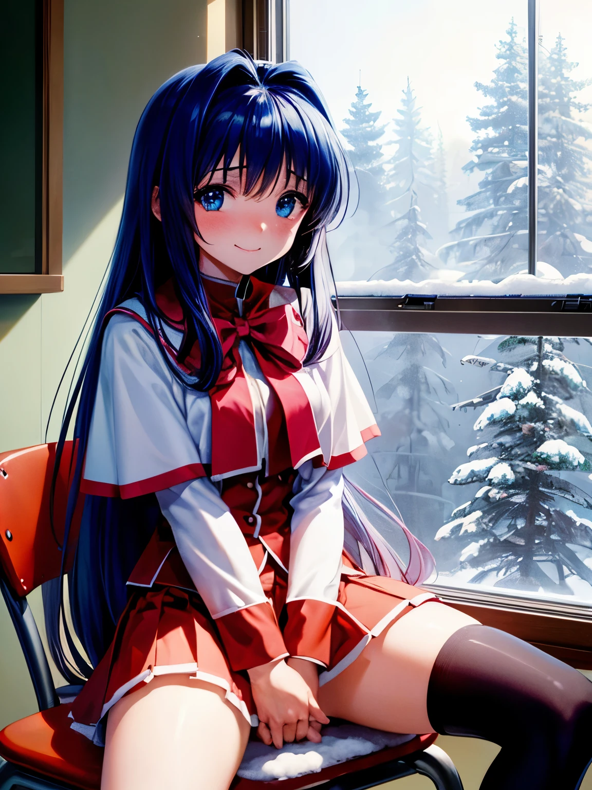 from front, (from below:1.3), crotch focus, (close-up), ****, minase nayuki, baby face, curvy, (red kanon uniform:1.2), white capelet, (skirt lift), light blue hair, black stockings, (sit on the chair, spread legs), legs up, (looking at viewer), (embarrassed:1.3), smile, (spoken heart:1.3), skindantation, indoor, (class room), blackboard, window, (snowy landscape:1.2), (masterpiece, highest quality, High resolution:1.3)