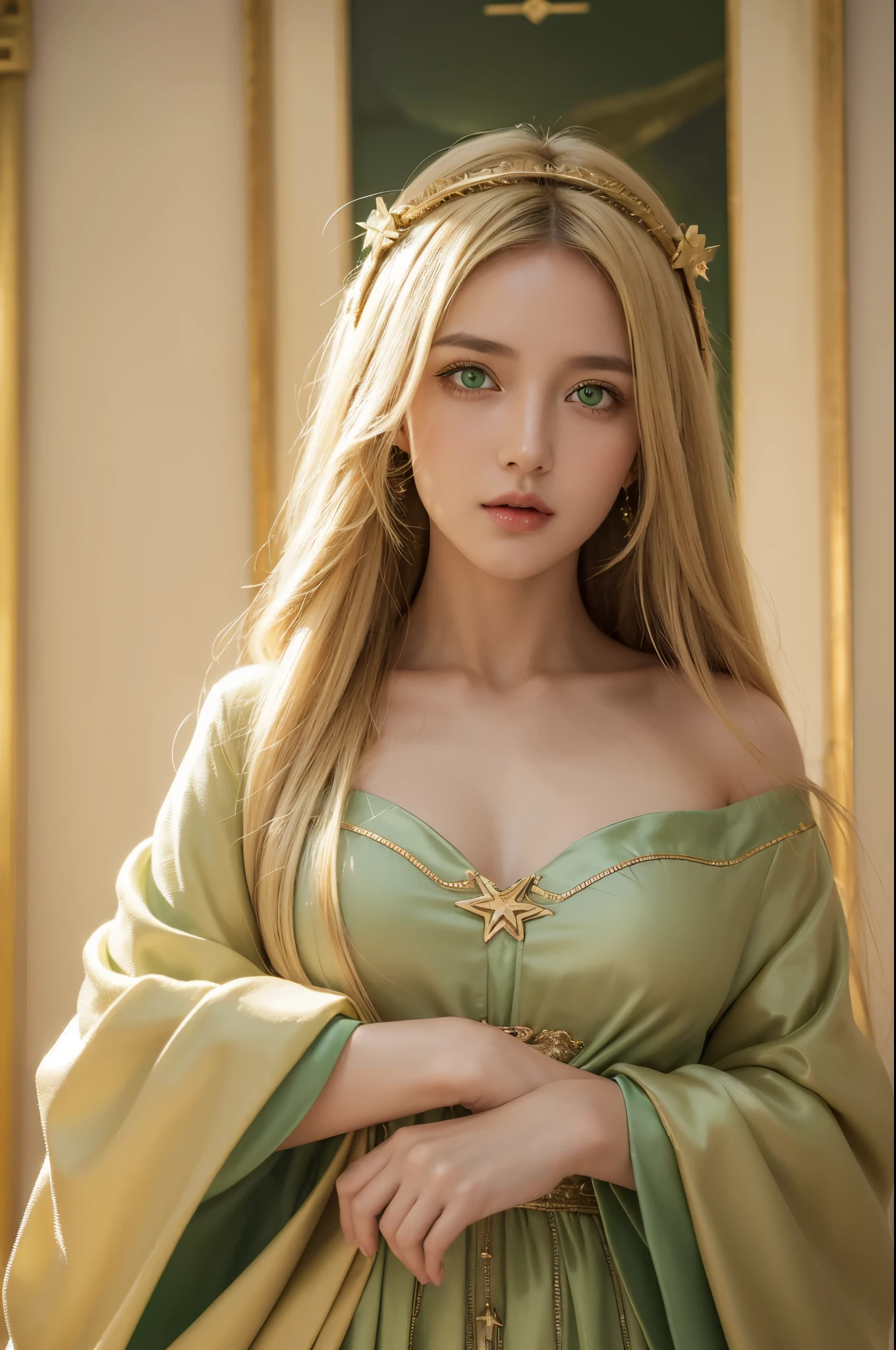 look at viewer, sitting on bed, graceful, (very huge breasts), elf ears, elf woman, naked, green bright eyes, 1girl, white skin, diamond face shape, portrait of an elf queen, Stunning character art, Epic and beautiful character art, blond-haired princess, medieval princess, fairy queen, fantasy art style, cinematic lighting, masterpiece, accurate, anatomically correct, textured skin, super detail, high details, highres, 8k, house, wood house, bed, bedroom