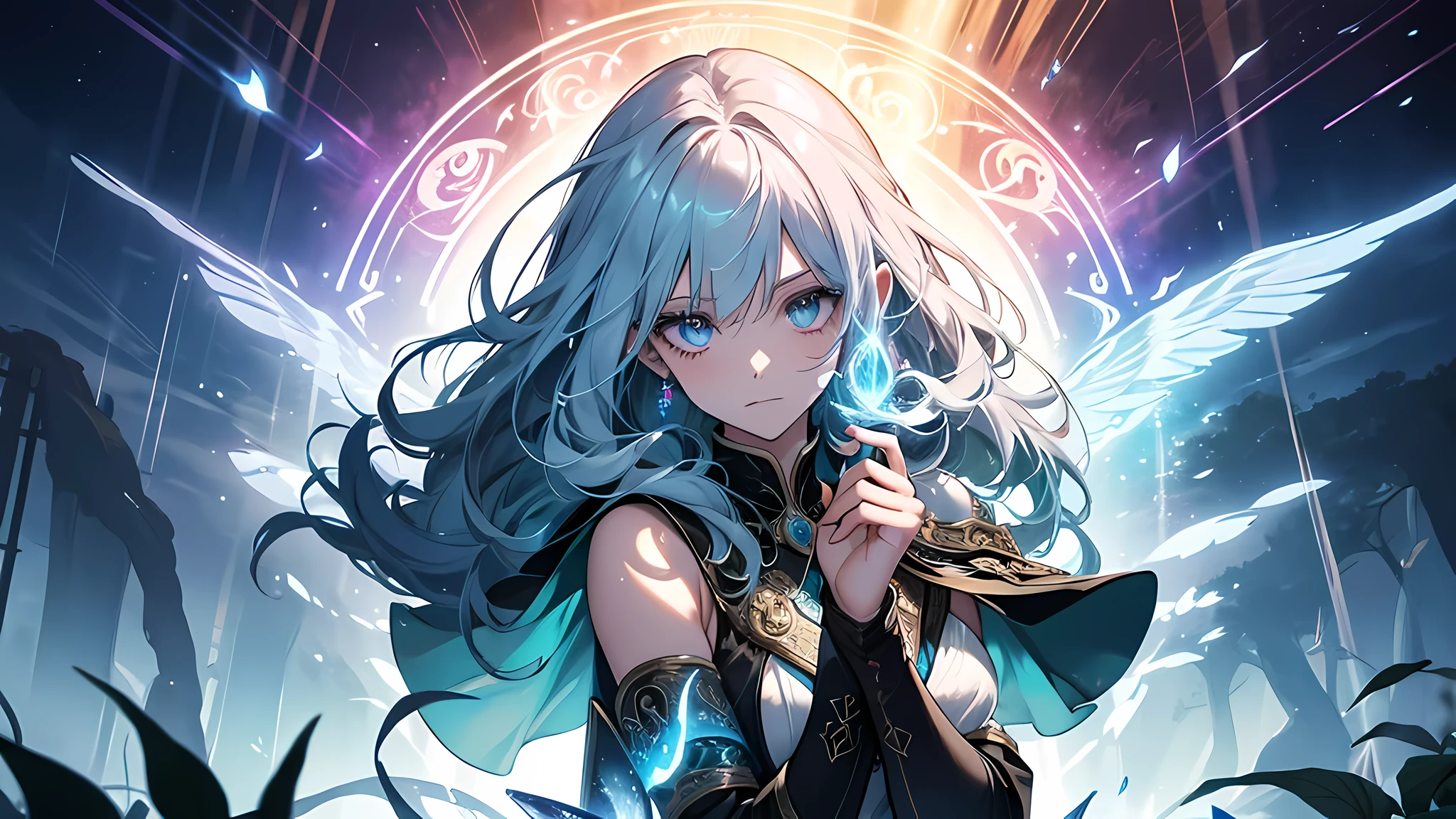best quality, masterpiece, illustration, ultra-detailed, beautiful detailed eyes, (1girl:1.3), magician, enchanting spell, high-angle view, magical forest, otherworldly beauty, casting pose, magical staff, invocation effects, soft and ethereal light, fantastical atmosphere, mystical creatures, empowering allies, enhancing abilities, elemental magic, swirling energy, pulsating aura, determination, support, vibrant colors, glowing runes, levitating, swirling leaves, teamwork, magical bonds, protective shield, guiding light, shimmering particles, enchanted surroundings, harmony with nature, hope, wisdom, ancient secrets, celestial beings, arcane knowledge, mystic symbols, spellcasting, elemental forces, Even if mental power is high, it will only increase resistance to Illusion-type magic. It’s not much help in combat