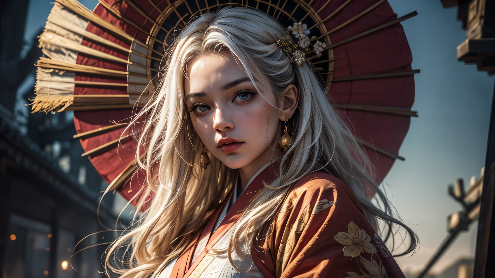 (1 beatiful woman, alone, heterochromia eyes, very long white hair, japanese clothes, golden hanfu with red, japanese fan, japanese accessories, japanese architecture, mist), (Surrealism, depth of field, cinematic lighting, ray tracing, 85mm, close-up, dramatic pose, digital art, dramatic photo, symmetrical eyes, complex background), (masterpiece, textured skin, super detail, award winning, best quality, 16k, HDR),