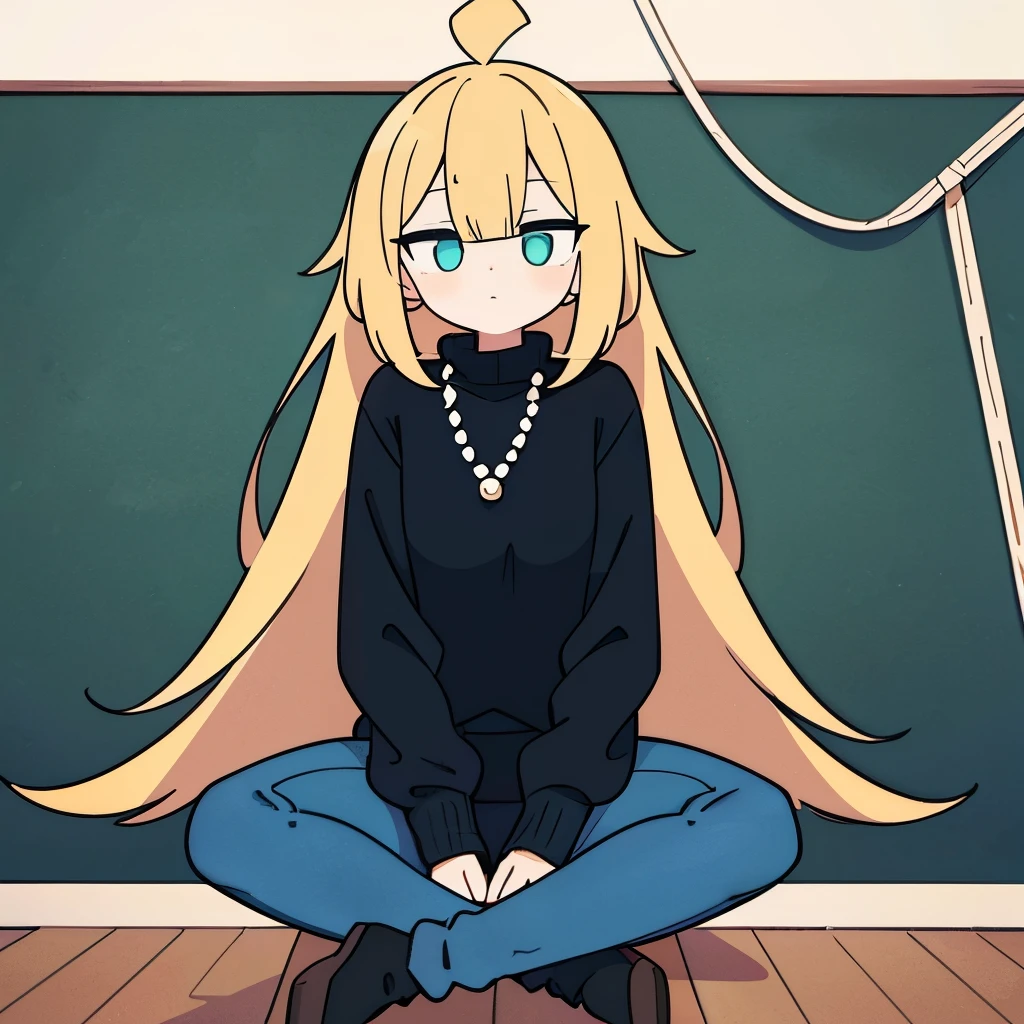 a women with black and blonde hair, wearing a dark green sweater and blue skinny jeans with a pearl necklace, sitting in a room, with a eye made of yarn hanging on the wall