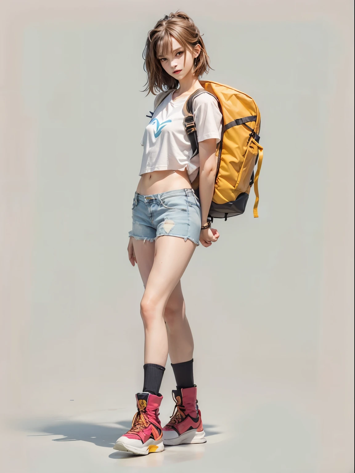 masterpiece, best quality, realistic, colorful, delicate, sharp focus, (PureErosFace_V1:0.5), (detailed beautiful delicate face, high detailed skin, skiny and thin:1.3), 1girl, 19 years old, tall, (smooth_abs:1.55), (abs:0.5), pretty, masterpiece, (long_skinny_legs), (straight_legs), (skinny_waist), (((fair skin))), white skin, bandeau, (school_uniform:swim_suits:0.5), yellow/pink shorts, chestnut brown hair, looking at viewer, yellow/orange sports shoes, glasses, (Emma_watson), big_breast, swimmer, white knit hat, boxer, crop_top, slender_legs, ((Small underhoulder length straight short hair: 1.2), （Extremely meticulous CG 8k wallpaper），（Extremely refined and beautiful），（Masterpiece），（best qualtiy：1.0），（Ultra High Resolution：1.0），beautiful light up，Perfect lightning，realistic shaded，[A high resolution]，Smooth and flawless fair skin，Extremely exquisite facial details，（perfect body：1.1），ultra - detailed，A beautiful girl，small head，(Small breasts:1.1)，Flat chests，slim，thin，Smile，cheerfulness，(White Short Sleeve T-shirt:1.1），（Light blue denim pants:1.1）,camel toe,(Black military boots:1.1)，early autumn，Dusk, sunset light，Standing at the school gate，Close Shot，Surrounded by a crowded crowd, (Emma_watson)