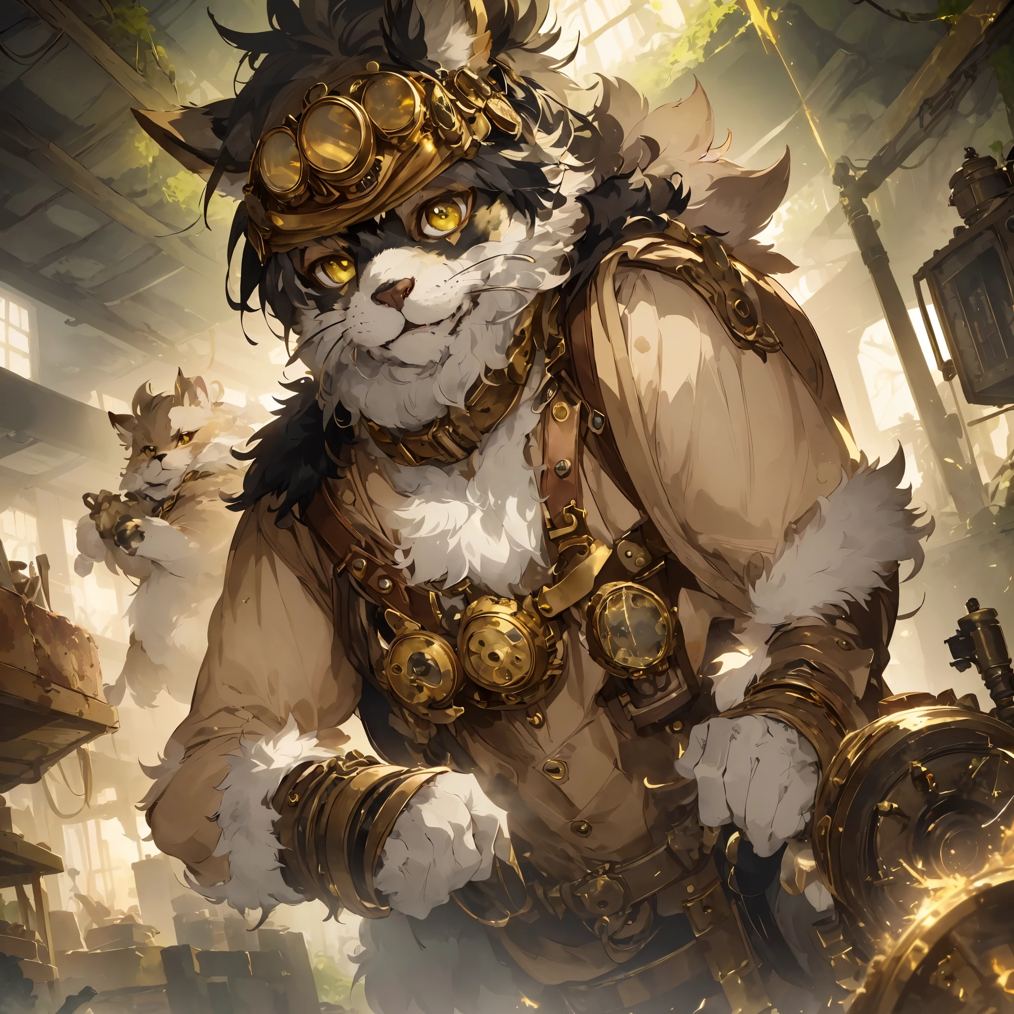 Top quality, picture book cover, watercolor, fancy, four-headed, pale color (cave with light coming in through the hole above, broken machine, moss-covered operating table (very detailed beautiful face and eyes) perfect anatomy (beastman) perfect anatomy (beastman, right arm of the machine, right arm connected by colorful cords, short and splattering sparks, wearing a dirty cloak, gold goggles, steampunk) (furry antro : 1.2) (Animal facial features of furry body) (Animal muzzle very detailed fur) Chibi: 1.5 Full body mouth open (dynamic pose),