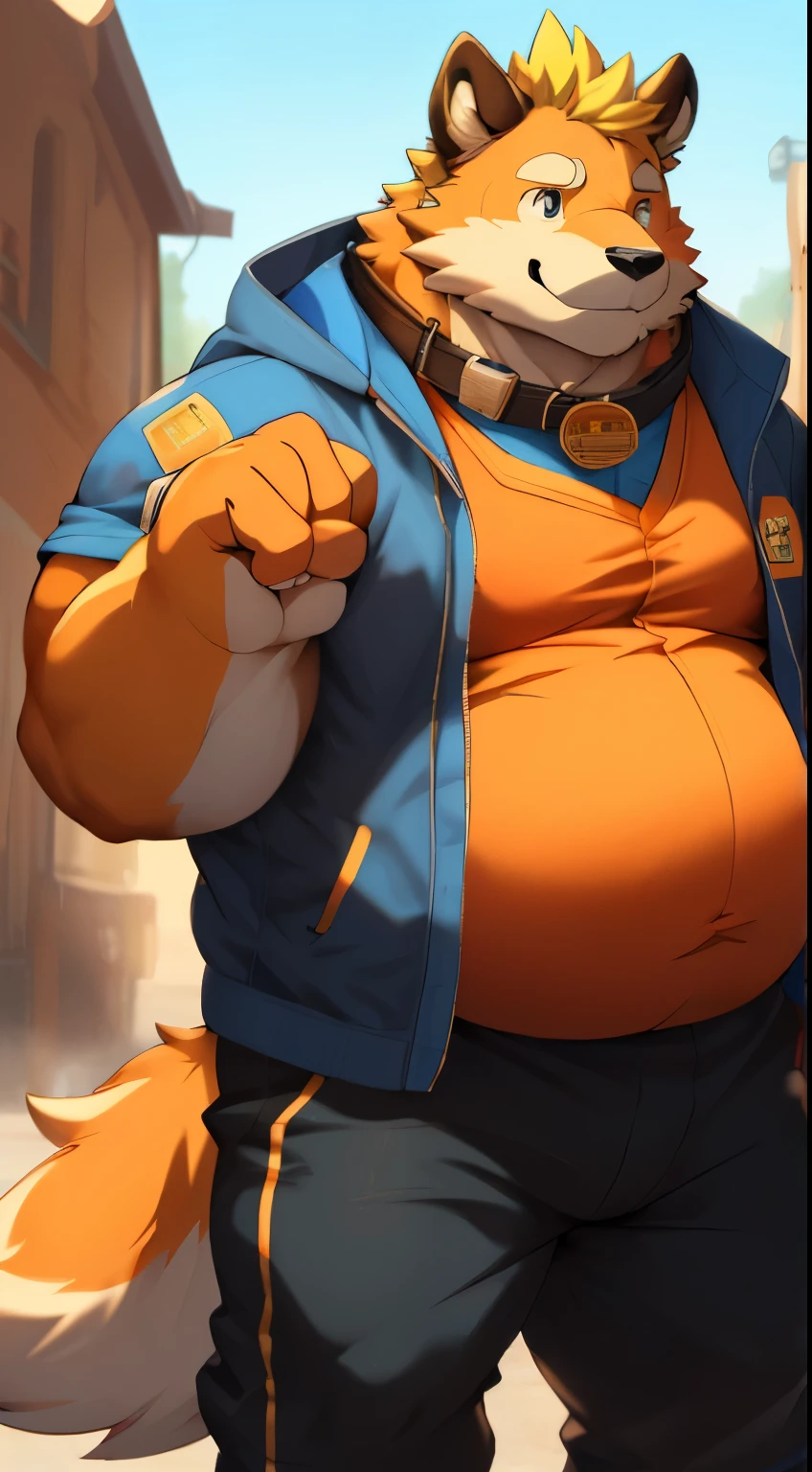 (best quality, 4k, highres, realistic:1.2), furry, yellow-haired, muscular structure, fattish man, naked, powerful, ultra-clear, young ,with a large collar, black overalls, orange pupils, soft belly, jacket, flat brim hat, with a large collar, giant, mountain sparrow, solitary, strong arms, windbreaker, badge, noticeable abs, urban style, clenched fist, large, looking at the audience, facing the street, windbreaker