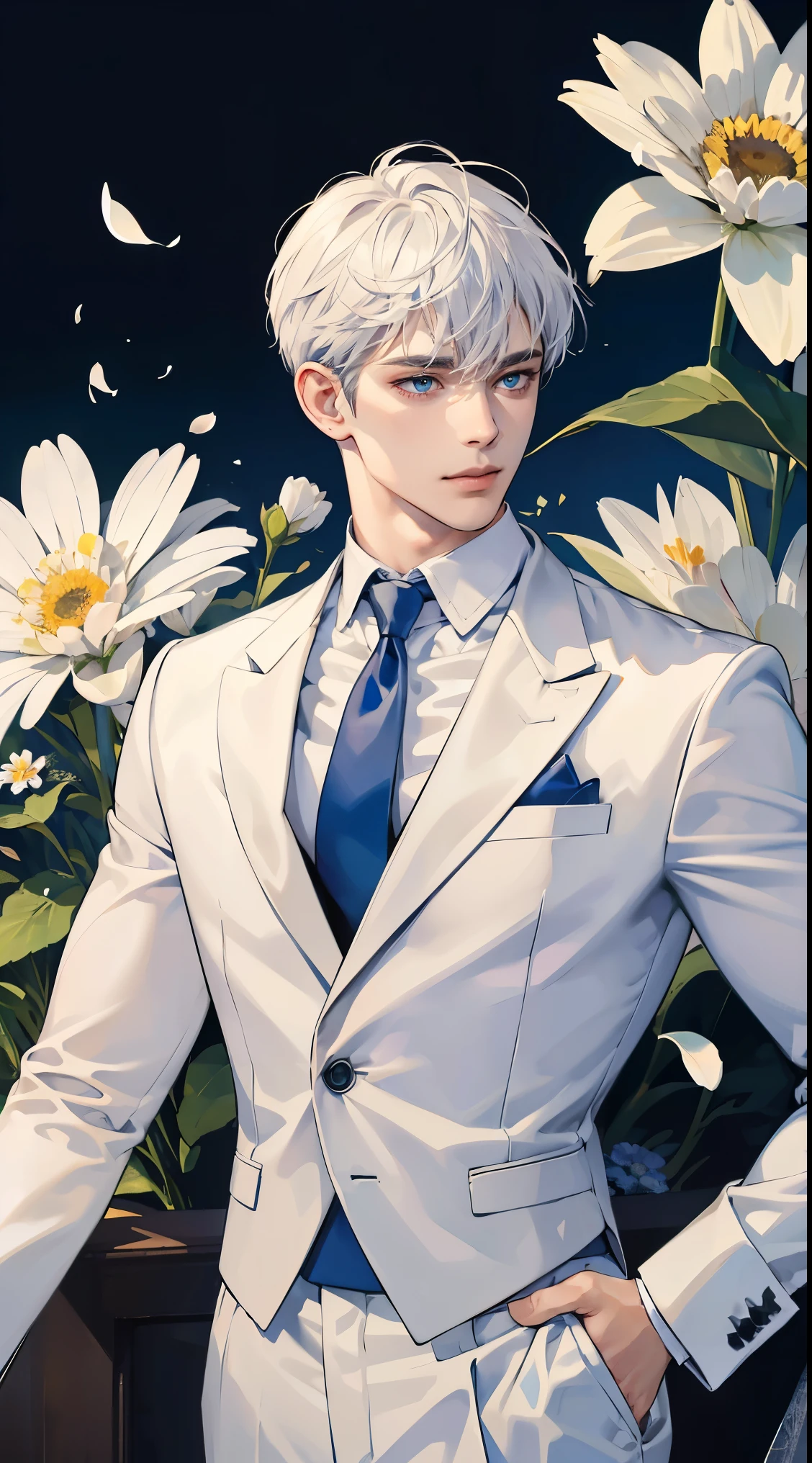 ((masterpiece)),(((best quality))), (detailed light) (detailed shadow), (high quality, breathtaking),(expressive eyes, perfect face), 1man, solo, male, tall, (mature), board shoulder, muscular, short Platinum hair, side swep bangs, blue eyes, smiling, white suit, white tie, daisy flower background, flower petal flying, windy, look at viewer, one ear earing.