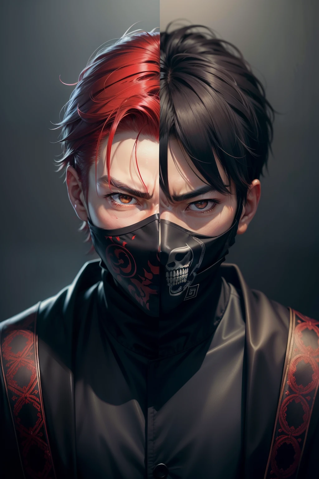 In the very realistic, Full HD image, a Japanese man with an enigmatic air wears a black mask bearing the intricately detailed features of a skull. His mysterious demeanor adds to the allure of the secretive mask. The masked man, around 12 years old, boasts a modern, red haircut that contrasts with his eerie presence. His empty, unblinking eyes exude a chilling, psychopathic gaze, further heightening the fearsome nature of this portrait, ideal for an intimidating and powerful profile.