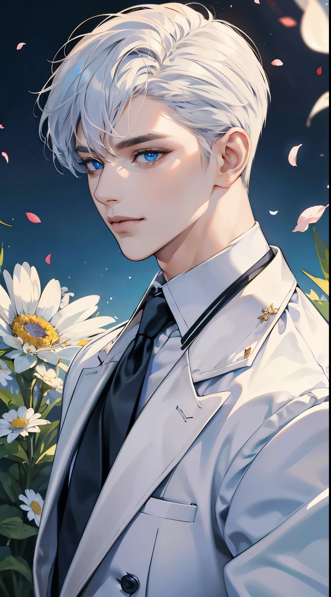 ((masterpiece)),(((best quality))), (detailed light) (detailed shadow), (high quality, breathtaking),(expressive eyes, perfect face), 1man, solo, male, tall, (mature), board shoulder, muscular, short Platinum hair, side swep bangs, blue eyes, smiling, white suit, white tie, daisy flower background, flower petal flying, windy, look at viewer, one ear earing.