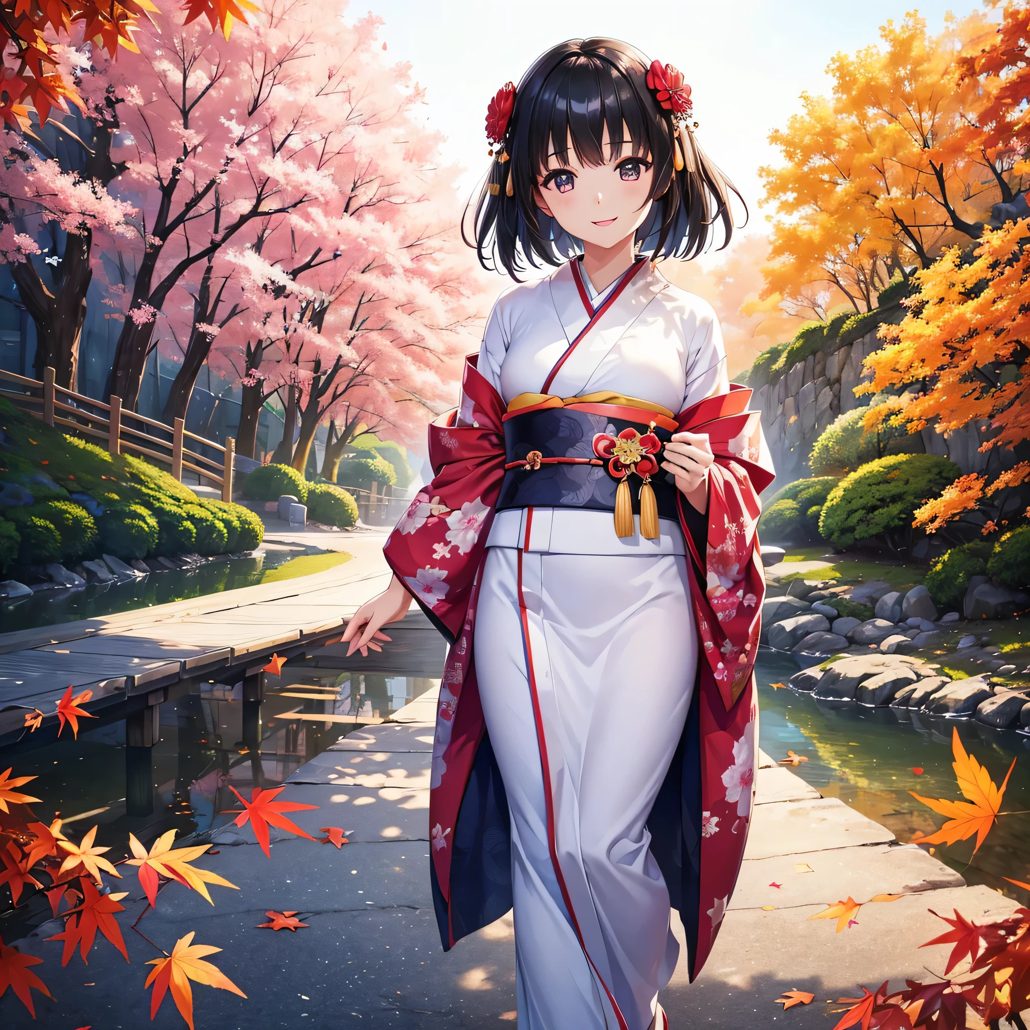 (Super beautiful woman in kimono)、((highest quality、8K masterpiece:1.3))、sharp focus:1.2、(super beautiful face:1.0)、(shiny skin:1.0)、realistic pictures、black haired、video writing、High resolution eyes and face、video writing、japanese actress、from the front、Medium chest、with a happy smile、wearing a kimono、under the autumn leaves、highest grade obi