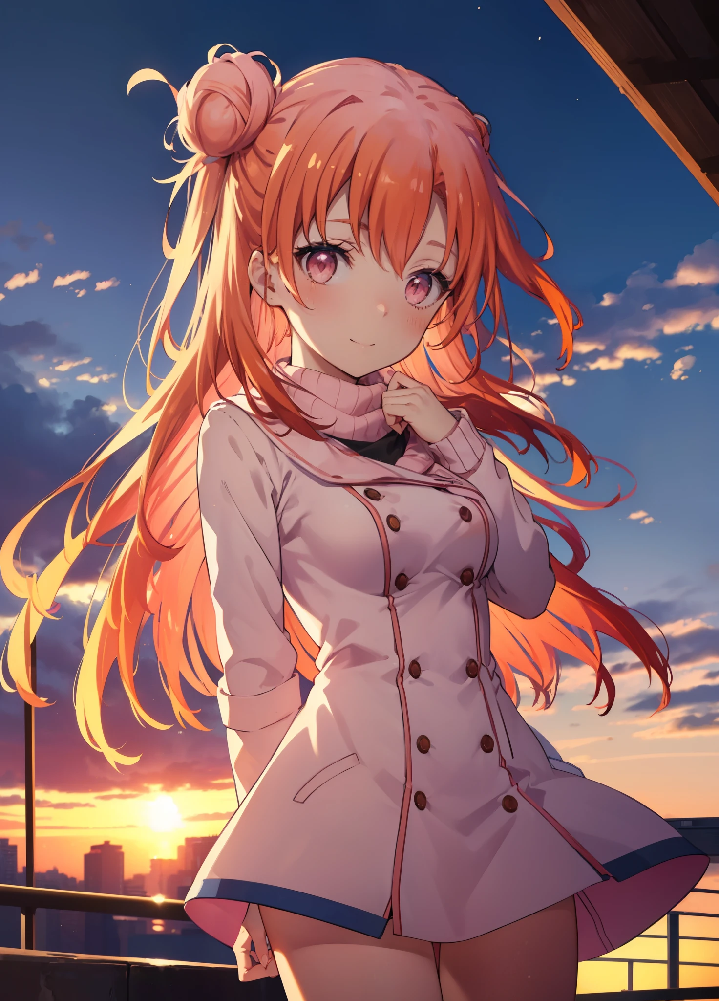 yuiyuigahama, yui yuigahama, long hair, (Pink eyes:1.5), (orange hair:1.2), bun hair, single bun hair,blush, smile, (big breasts:1.2),red muffler,pink long coat open the button,white sweater,Short Bands,Black Knee High Socks,short boots,evening,sunset,
break outdoors,In town,building street,
break looking at viewer, (cowboy shot:1.5),
break (masterpiece:1.2), highest quality, High resolution, unity 8k wallpaper, (figure:0.8), (beautiful and fine eyes:1.6), highly detailed face, perfect lighting, Very detailed CG, (perfect hands, perfect anatomy),