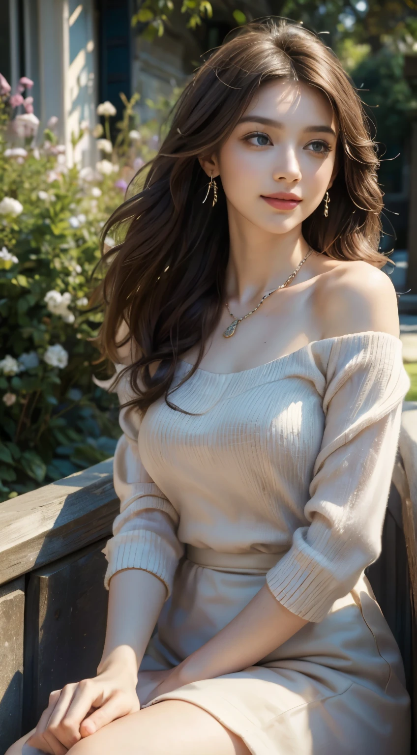 (best quality,4k,highres,masterpiece:1.2),ultra-detailed,realistic,portrait,girl with beautiful curly hair and mesmerizing blue eyes,gorgeous face,charming smile,moderate bust size,natural beauty,feminine,casual clothing,relaxed pose,soft lighting,vibrant colors,medium length hair flowing down her back,subtle makeup,perfect skin complexion,captivating gaze,endearing charm,tender expression,dainty features,hint of playfulness,elegant earrings,delicate necklace,graceful posture,on a sunny day in a blooming garden,with colorful flowers, lush greenery, and a gentle breeze,creating a serene and enchanting atmosphere,positively radiant and full of life,the epitome of beauty and happiness,an artwork that captures her essence and radiates joy and warmth.