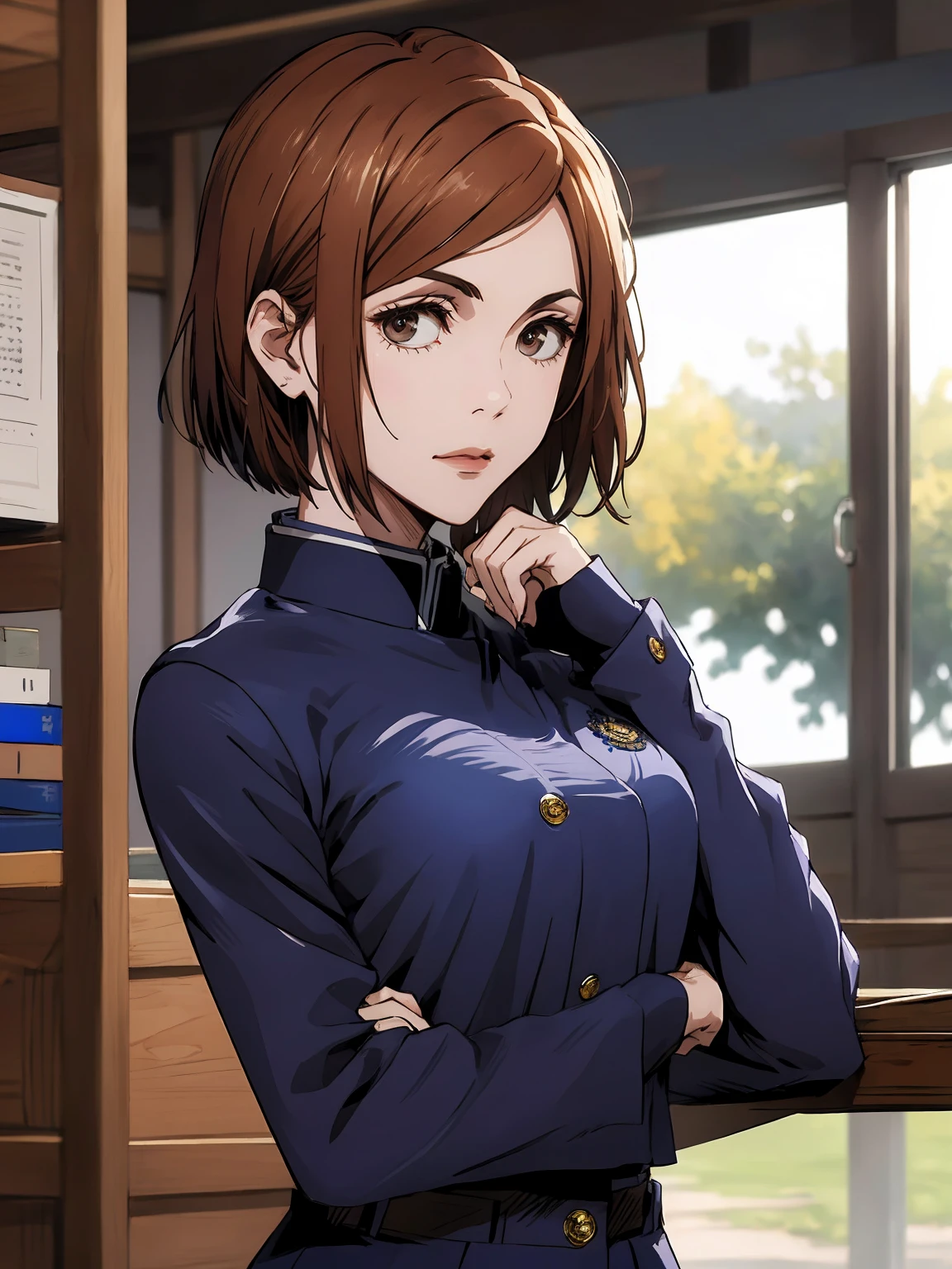 1girl, sitting,  beautiful Nobara, navy blue school_uniform, bangs, brown jacket,, volumetric lighting, best quality, masterpiece, intricate details, tonemapping, sharp focus, hyper detailed, trending on Art Station, 4k, whole body, looking ahead