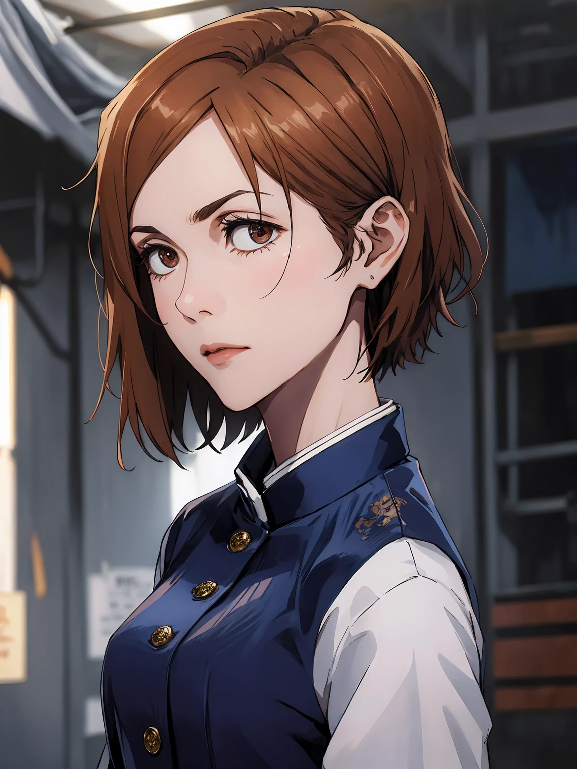 1girl, sitting,  beautiful Nobara, navy blue school_uniform, bangs, brown jacket,, volumetric lighting, best quality, masterpiece, intricate details, tonemapping, sharp focus, hyper detailed, trending on Art Station, 4k, whole body, looking ahead