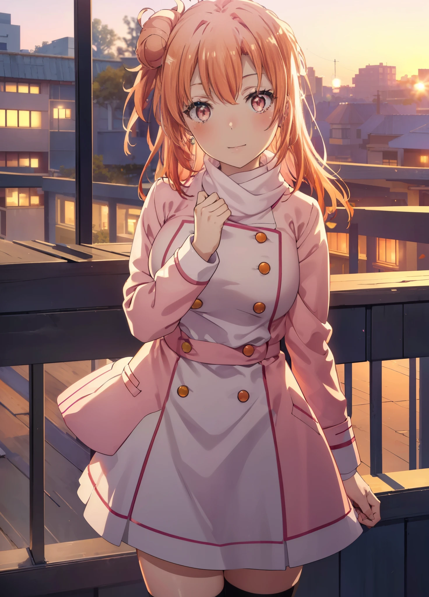 yuiyuigahama, yui yuigahama, long hair, (Pink eyes:1.5), (orange hair:1.2), bun hair, single bun hair,blush, smile, (big breasts:1.2),red muffler,pink long coat　open the button,white sweater,Short Bands,Black Knee High Socks,short boots,evening,sunset,
break outdoors,In town,building street,
break looking at viewer, (cowboy shot:1.5),
break (masterpiece:1.2), highest quality, High resolution, unity 8k wallpaper, (figure:0.8), (beautiful and fine eyes:1.6), highly detailed face, perfect lighting, Very detailed CG, (perfect hands, perfect anatomy),