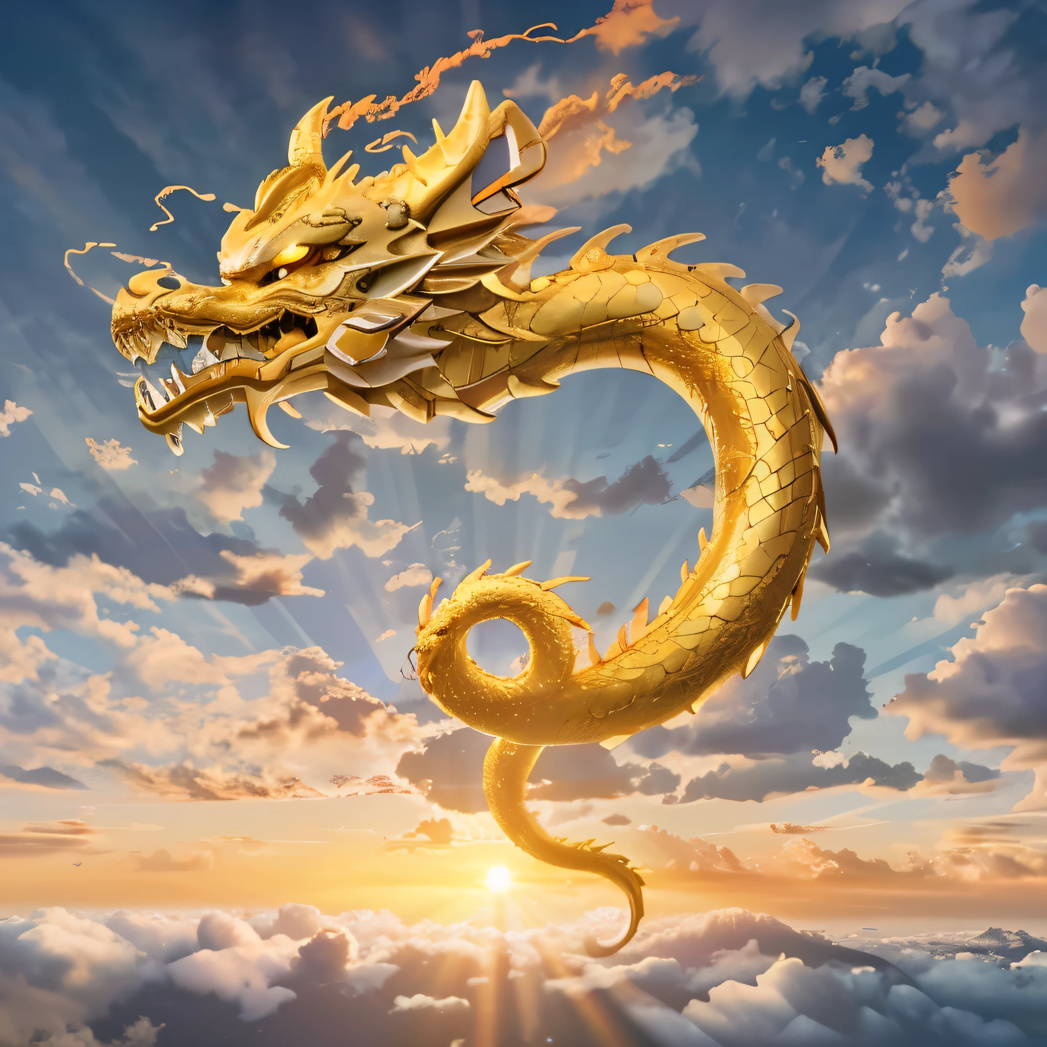 Sky, clouds, sunrise, silhouette in the shape of a chinese dragon, golden Chinese dragon, far distance, silver linings , rim light , full view, wide shot, full body in view