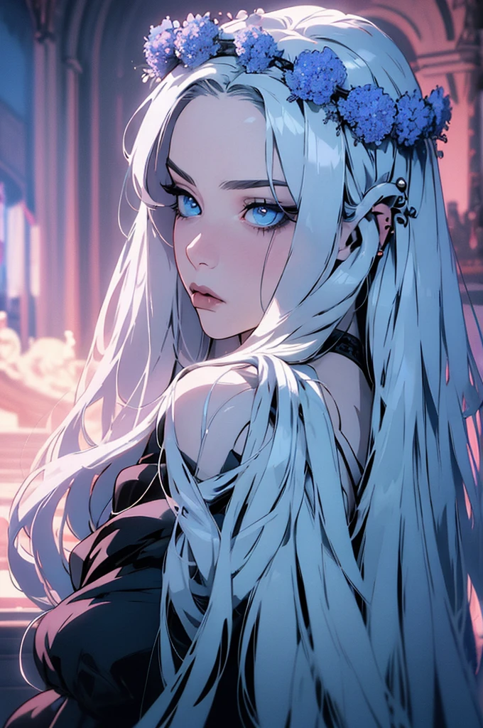 hyper-realistic  of a mysterious woman with flowing silver hair, piercing blue eyes, and a delicate floral crown, backwards, looking back, upper body