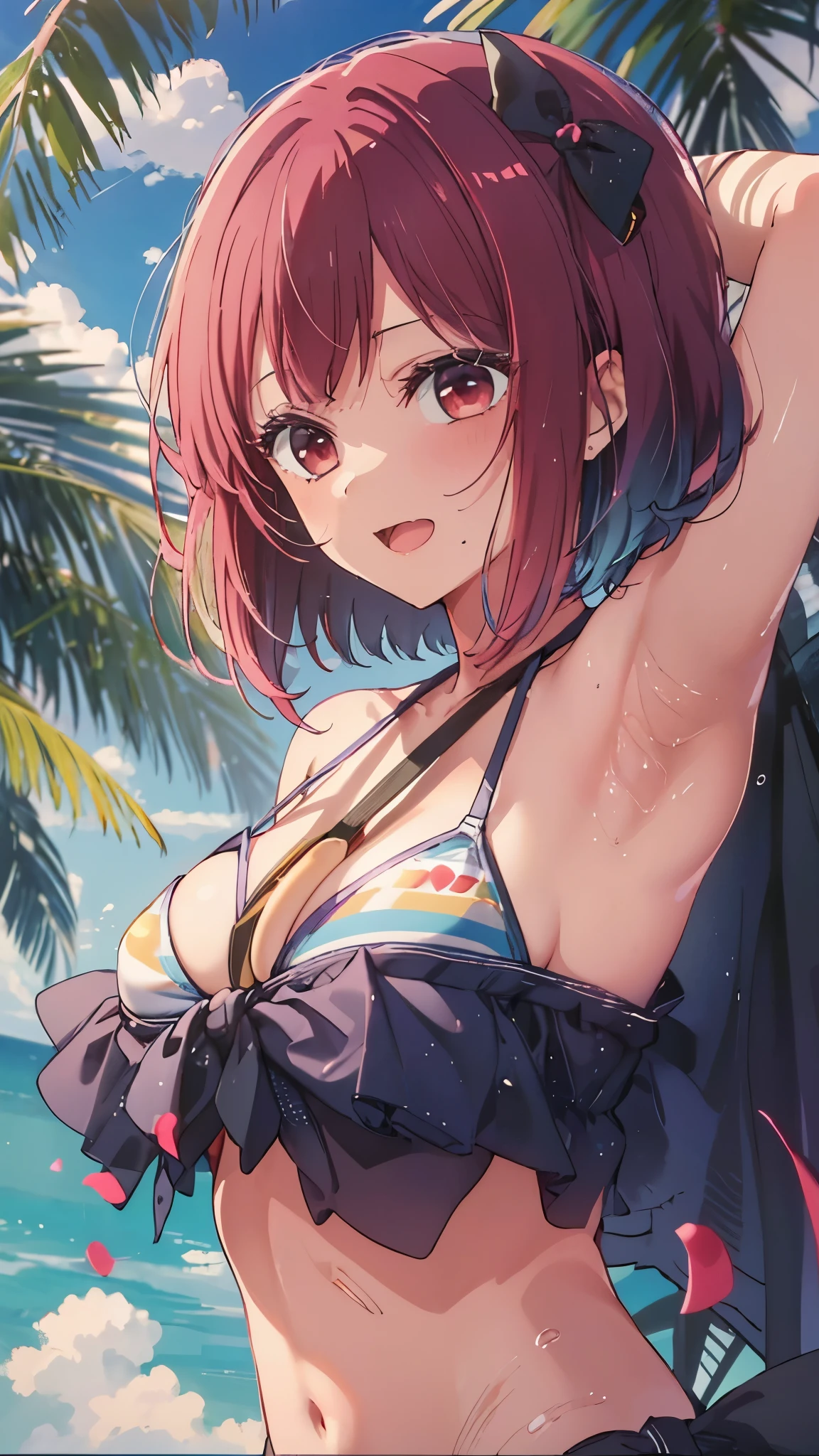 masterpiece、very detailed、(1 girl:1.2)、(((redhead)))、Big eyes、Close-up、laughter、8K、short hair、(((anime style)))、(((2D)))、(((red eyes)))、open your mouth、(((bikini)))、(sandy beach)、(((swimsuit)))、No sleeve、(((big breasts)))、shining eyes