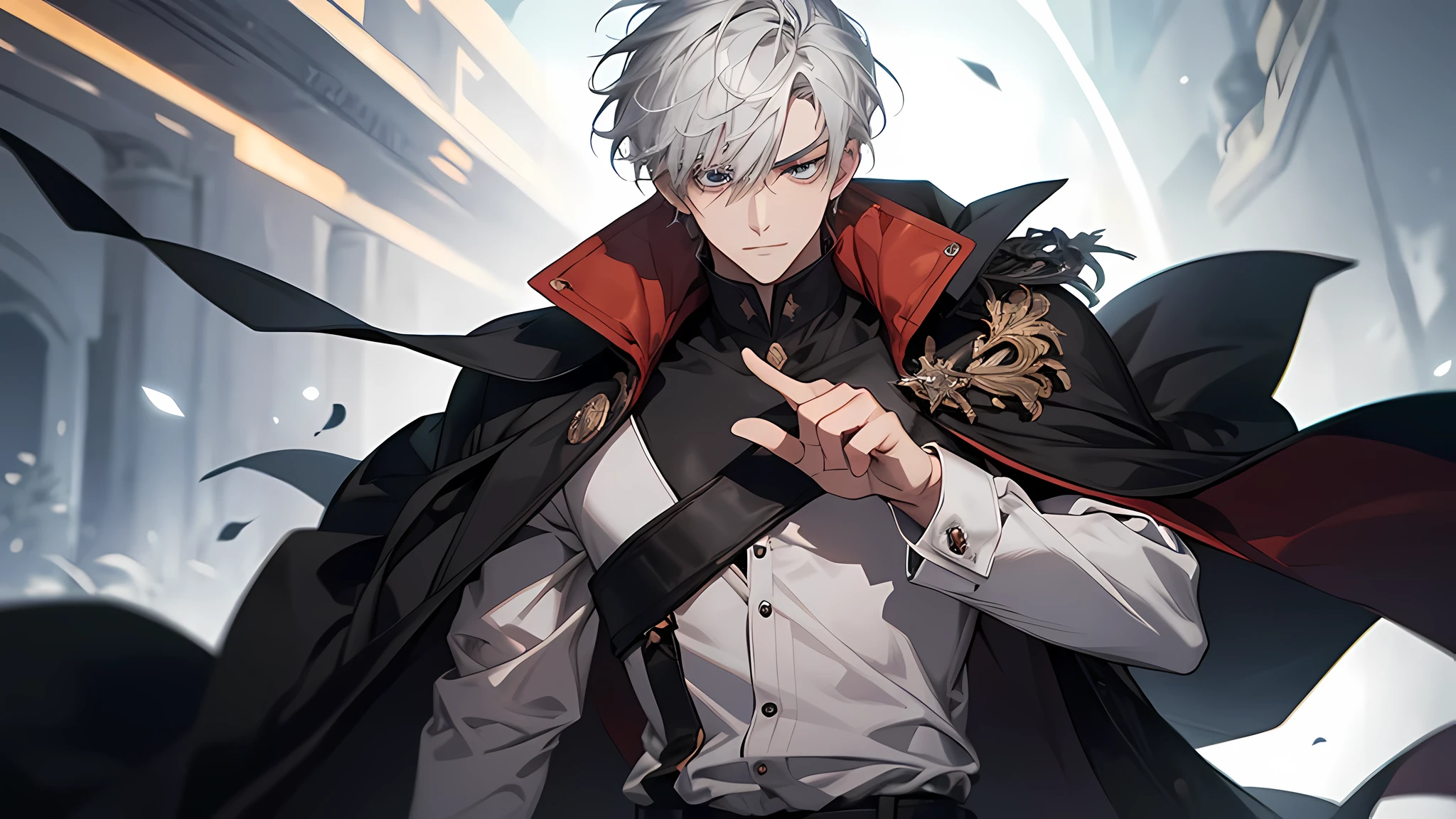 Create an image of a 18-year-old man with dignified and charismatic gray short hair. His hair can be styled in a more natural way, perhaps partially tied or gently flowing in the wind. His eyes are black, conveying firmness and wisdom. He wears clothing that portrays a knightly vibe, although he is currently not on duty. The attire he wears is all-black, with a flowing cloak behind him, reflecting elegance and mystery, Elemental Firepower D minus grade, which was responsible for skill power. How did such a trivial character get into the prestigious Marchen Academy though