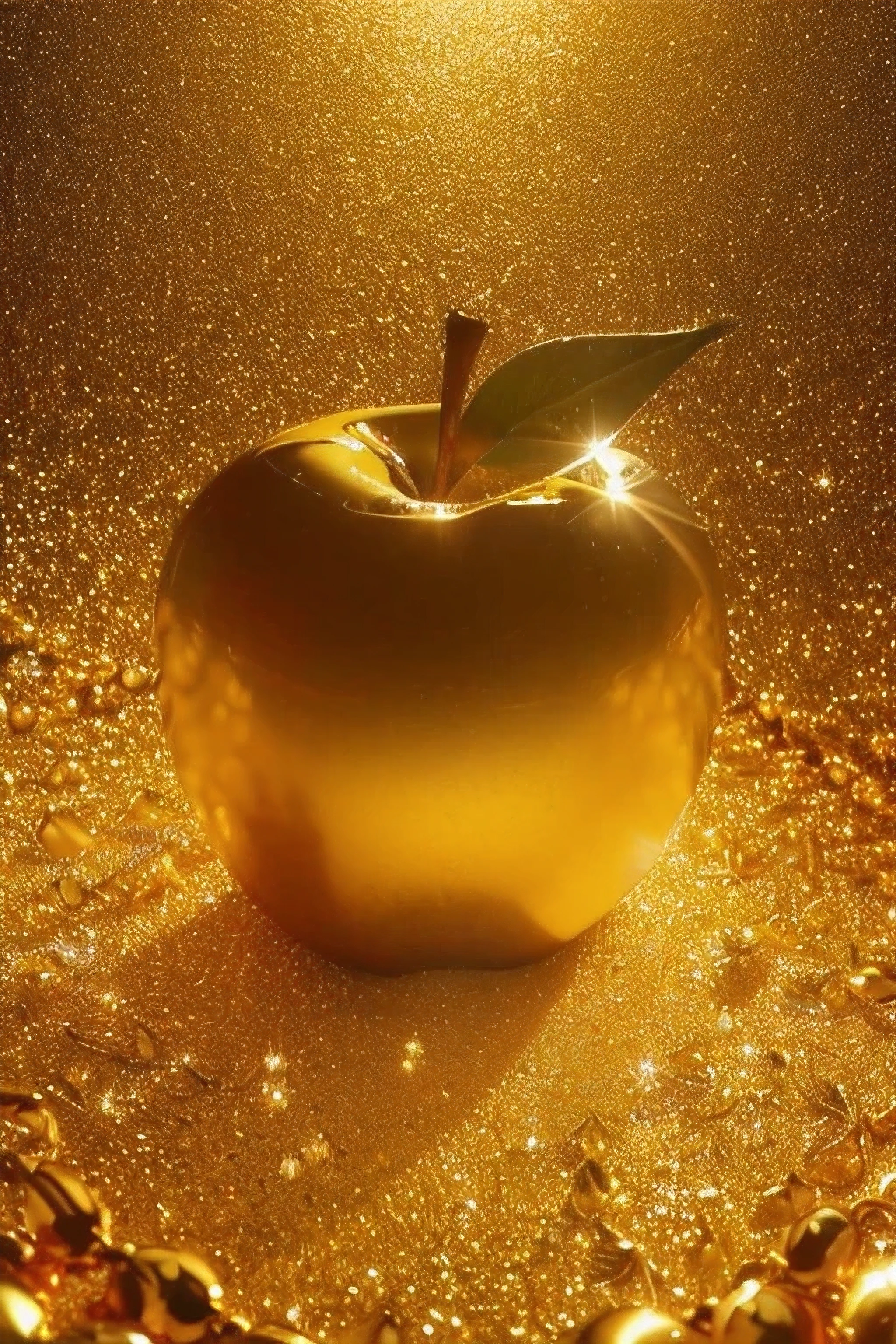 ((golden apple)), ((golden background)), ((shining background)), masterpiece, highest quality, 8K, High resolution, photograph, film grain, chromatic aberration, HDR, dynamic lighting,((Front view)), ((positive)), shining background, (golden background:1.4), most detailed, very detailed, Super detailed, finely,