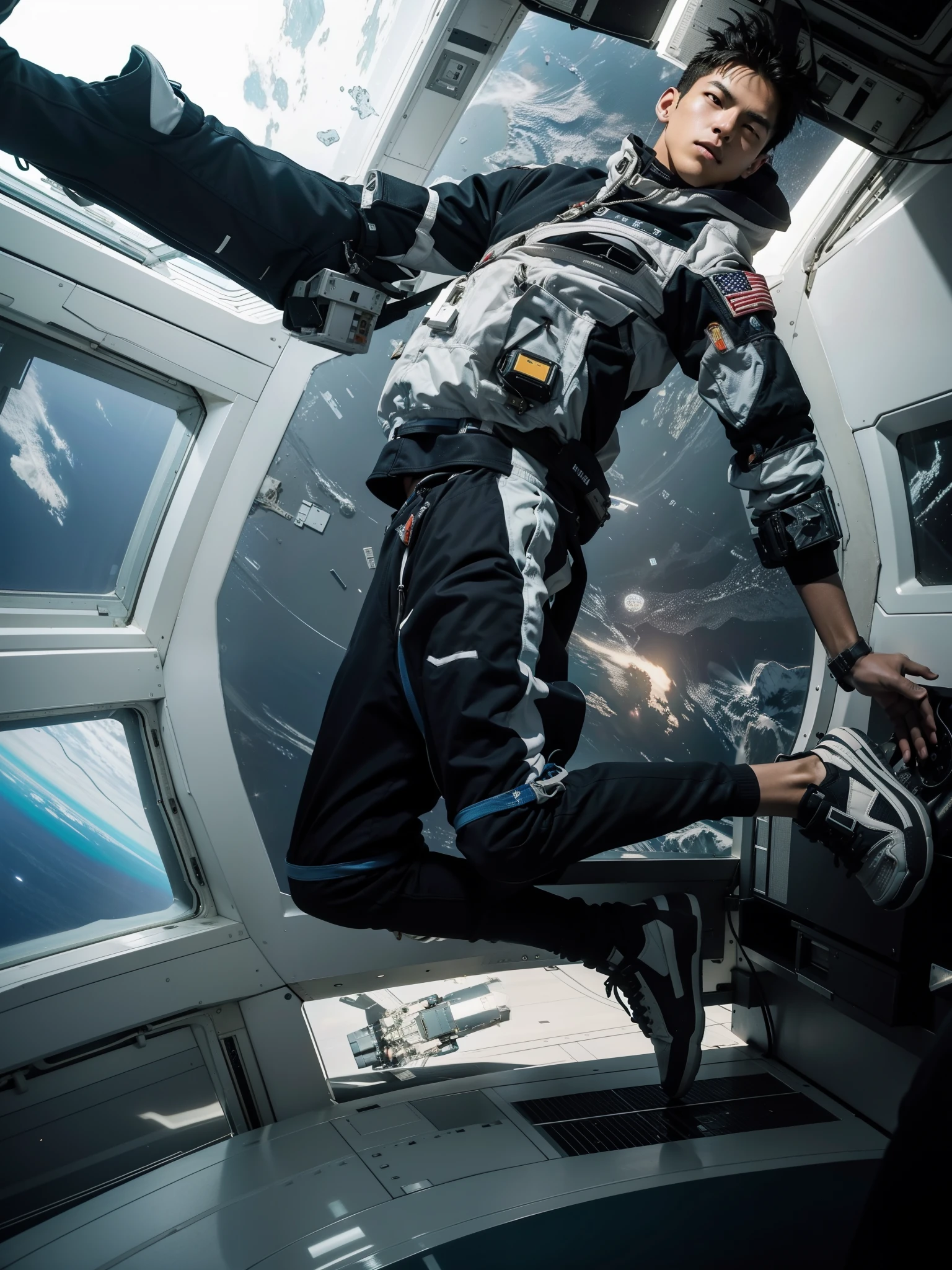 There&#39;s a guy jumping in the air on a space station, [ zero - gravity ]!!, travis scott flying over the earth,  floating in space, suspended in zero gravity, running at the edge of space, 宇宙で無gravity, floating in zero gravity, Standing in outer space, gravity, zero gravity asian male, 25 year old male, nice guy