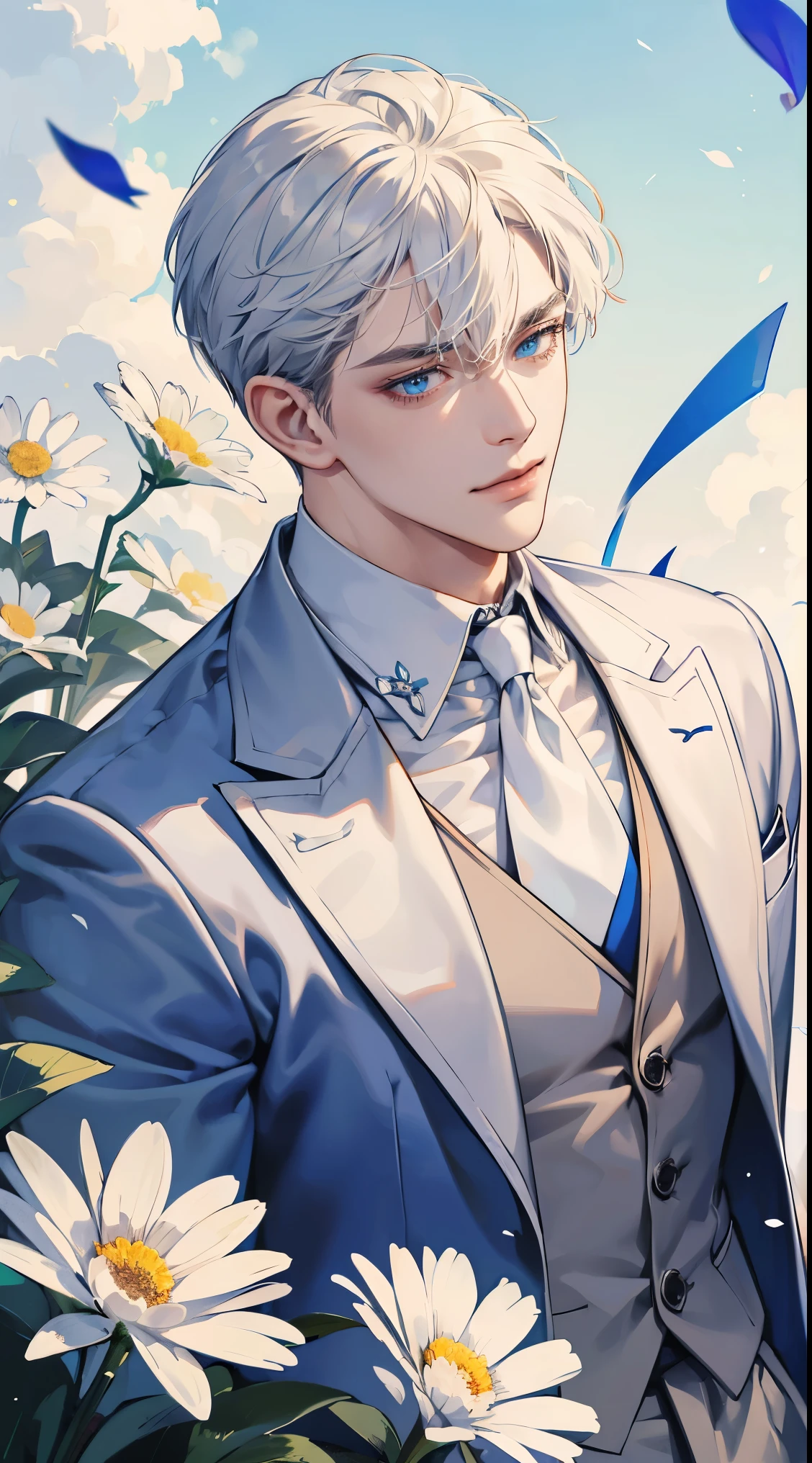 ((masterpiece)),(((best quality))), (detailed light) (detailed shadow), (high quality, breathtaking),(expressive eyes, perfect face), 1man, solo, male, tall, (mature), board shoulder, muscular, short Platinum hair, side swep bangs, blue eyes, smiling, white suit, white tie, daisy flower background, flower petal flying, windy, look at viewer, one ear earing.
