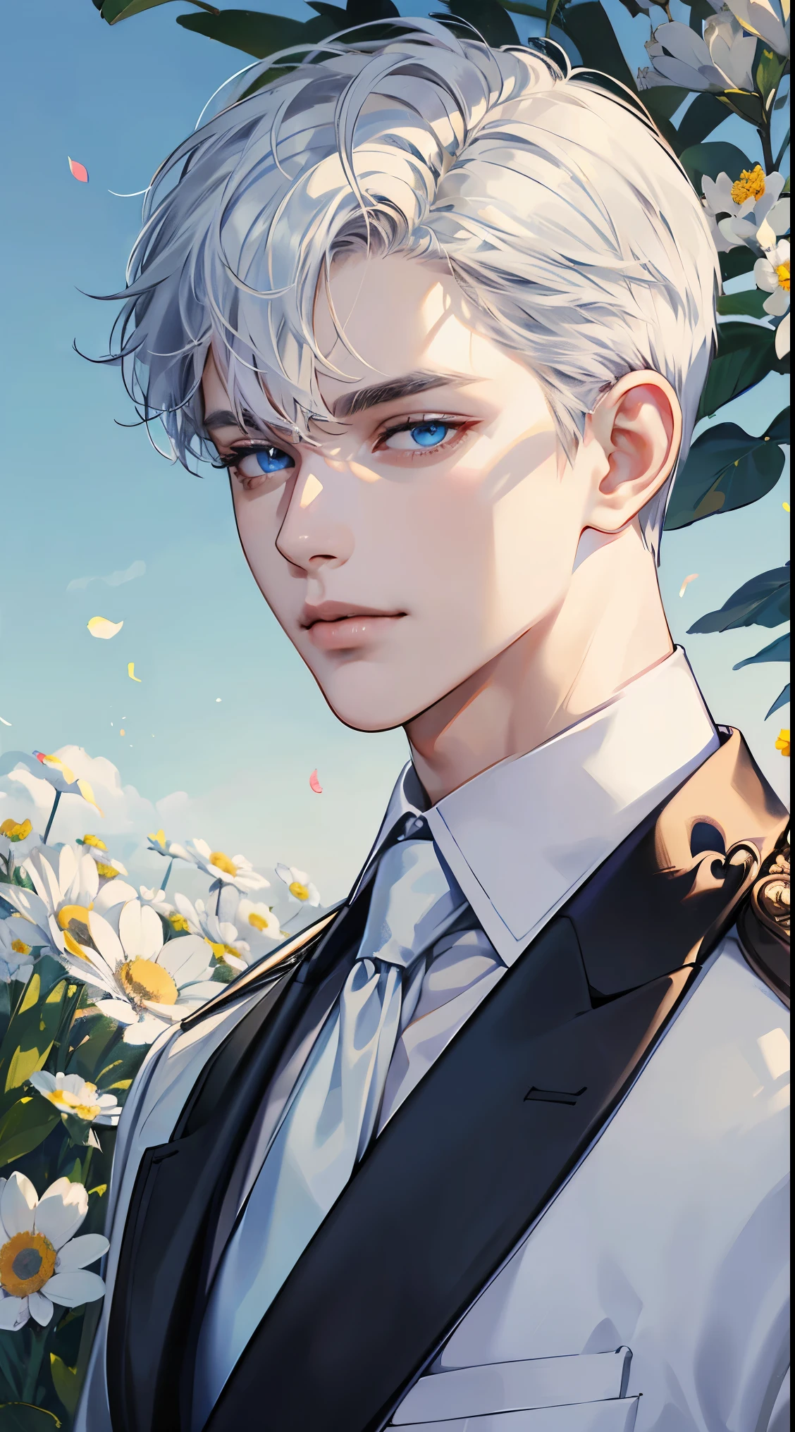 ((masterpiece)),(((best quality))), (detailed light) (detailed shadow), (high quality, breathtaking),(expressive eyes, perfect face), 1man, solo, male, tall, (mature), board shoulder, muscular, short Platinum hair, side swep bangs, blue eyes, smiling, white suit, white tie, daisy flower background, flower petal flying, windy, look at viewer, one ear earing.