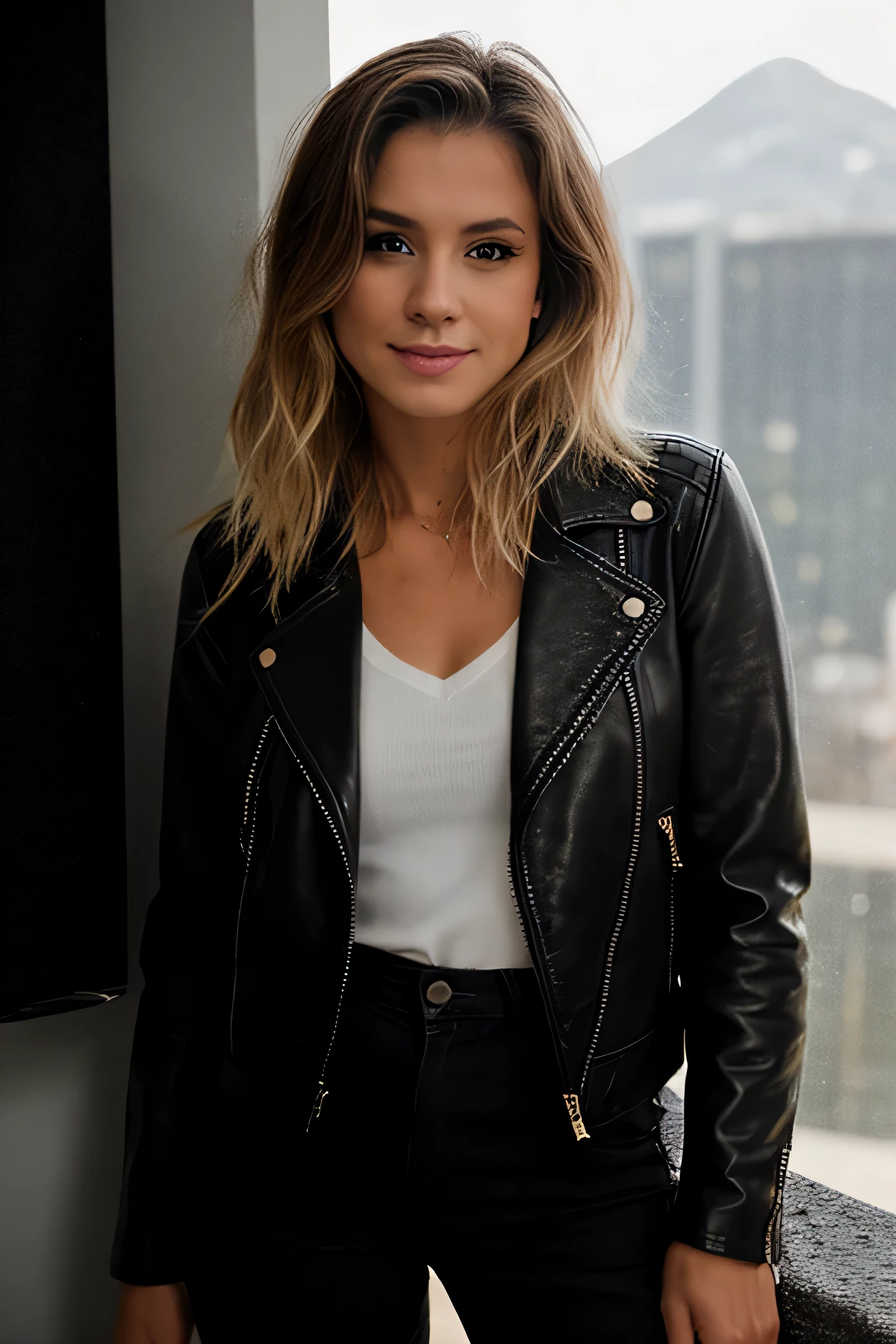 RAW photo of melpel, full body portrait, leather jacket, Jeans, blonde, makeup, black background,(high detailed skin:1.2), 8k uhd, dslr, soft lighting, high quality, Fujifilm XT3, 