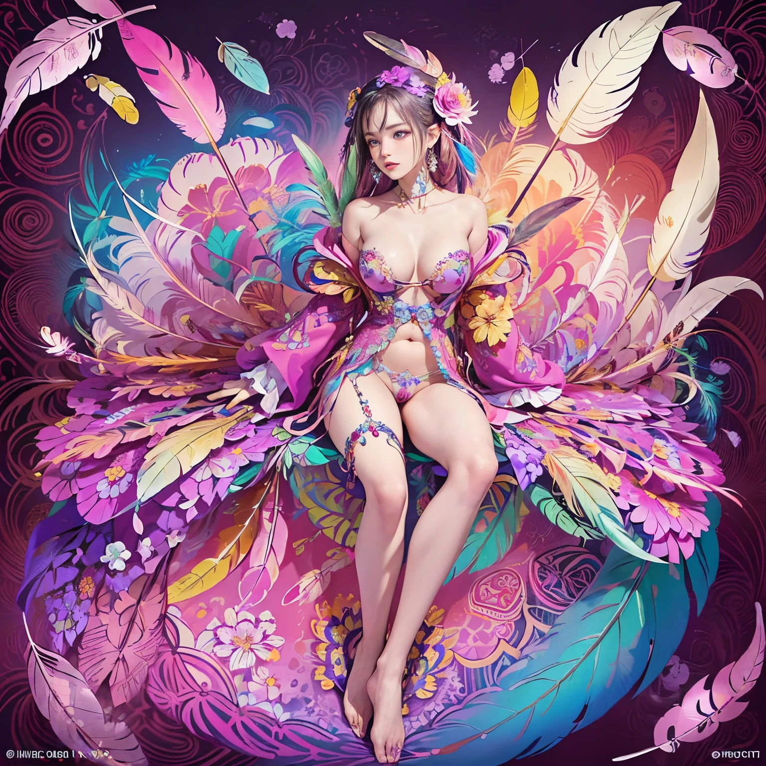 (official art, beautiful and aesthetic:1.2), (1girl:1.3),(fractal art:1.1),(colorful:1.1)(flowers:1.3),highest detailed,(zentangle:1.2), full body, (abstract background:1.3), (shiny skin), (many colors:1.4), ,(earrings), (feathers:1.5), no clothes, nsfw rated R