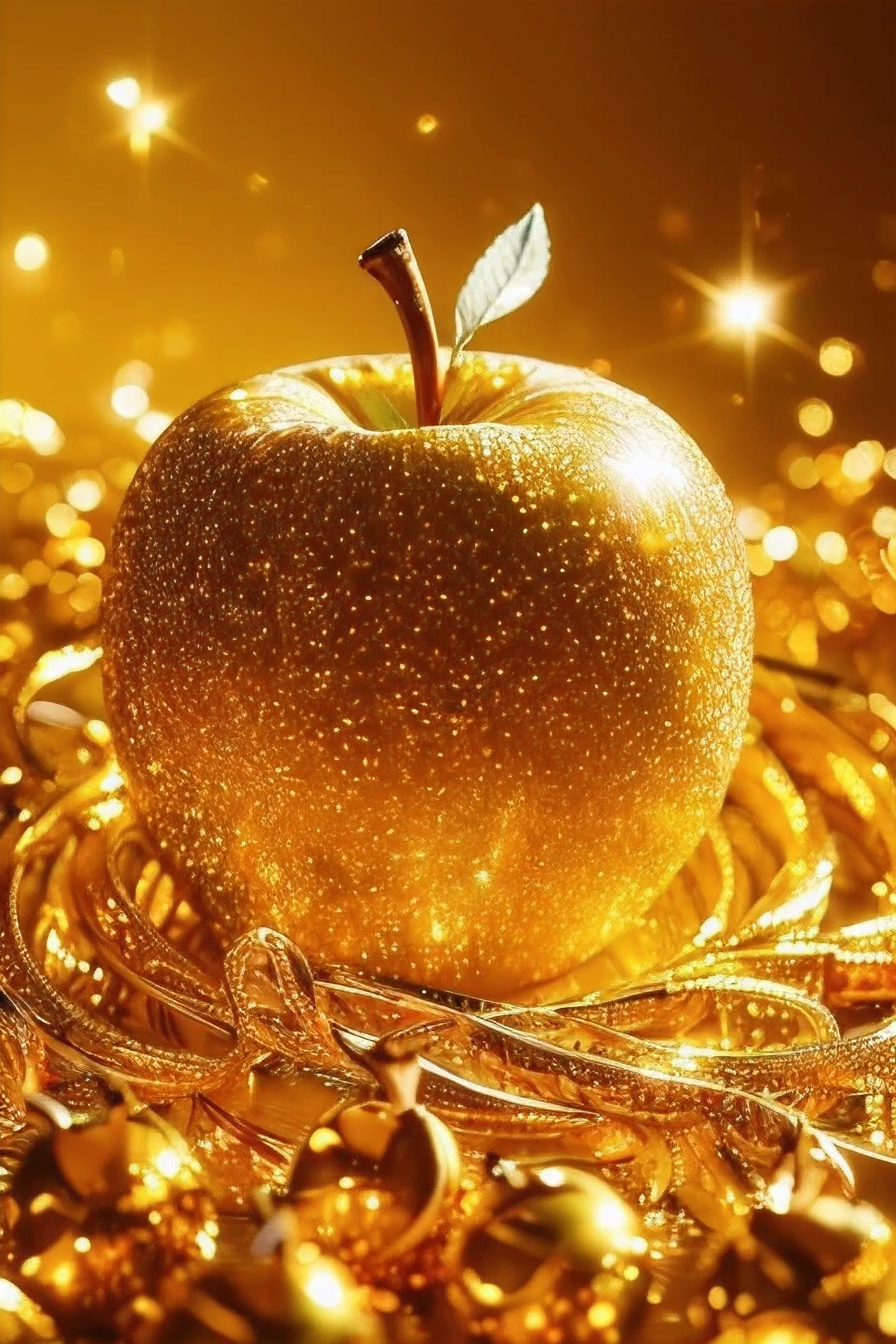 ((golden apple)), ((golden background)), ((shining background)), masterpiece, highest quality, 8K, High resolution, photograph, film grain, chromatic aberration, HDR, dynamic lighting,((Front view)), ((positive)), shining background, (golden background:1.4), most detailed, very detailed, Super detailed, finely,Luminous apple,