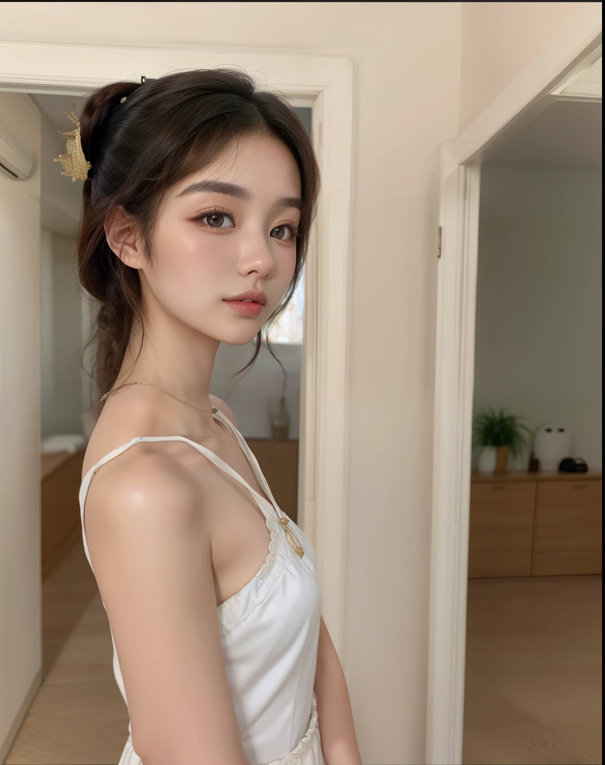 mulher arafida de blusa branca em frente a um espelho, gema chen, beautiful asian girl, linda jovem coreana, asian features, a young Asian woman, linda mulher sul-coreana, Xisionwu, wenfei you, linda jovem coreana, an Asian woman, beautiful asian woman, Jinyoung Shin, Lulu Chen, coreana, beautiful young asian
