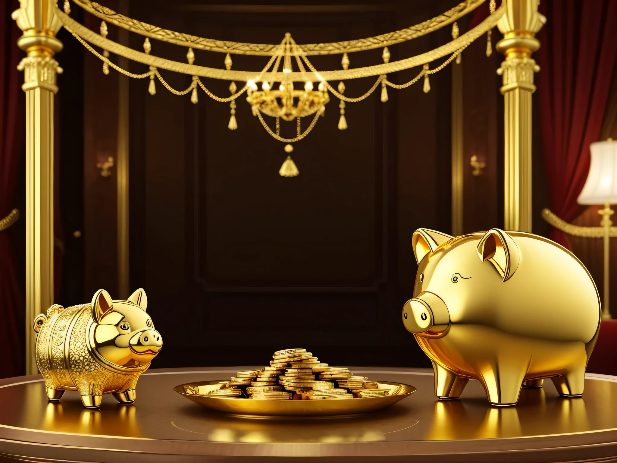 Create an illustration that represents a golden piglet in a luxurious and elegant environment, transmitindo a ideia de riqueza e prosperidade. O porquinho dourado deve ser feito de ouro brilhante e estar em uma pose confiante, surrounded by elements that symbolize opulence, like piles of gold coins and luxurious furniture.