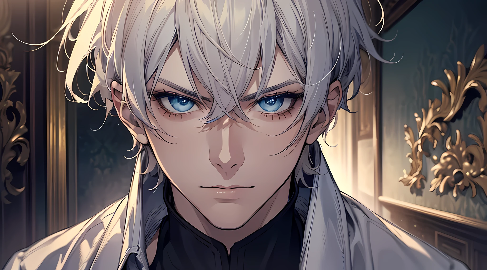 Handsome man, short white hair, blue eyes, writing, serious expression, (masterpiece:1.2), best quality, masterpiece, highres, original, extremely detailed wallpaper, perfect lighting, (extremely detailed CG:1.2), perfect face, perfect eyes, detailed eyes, detailed face