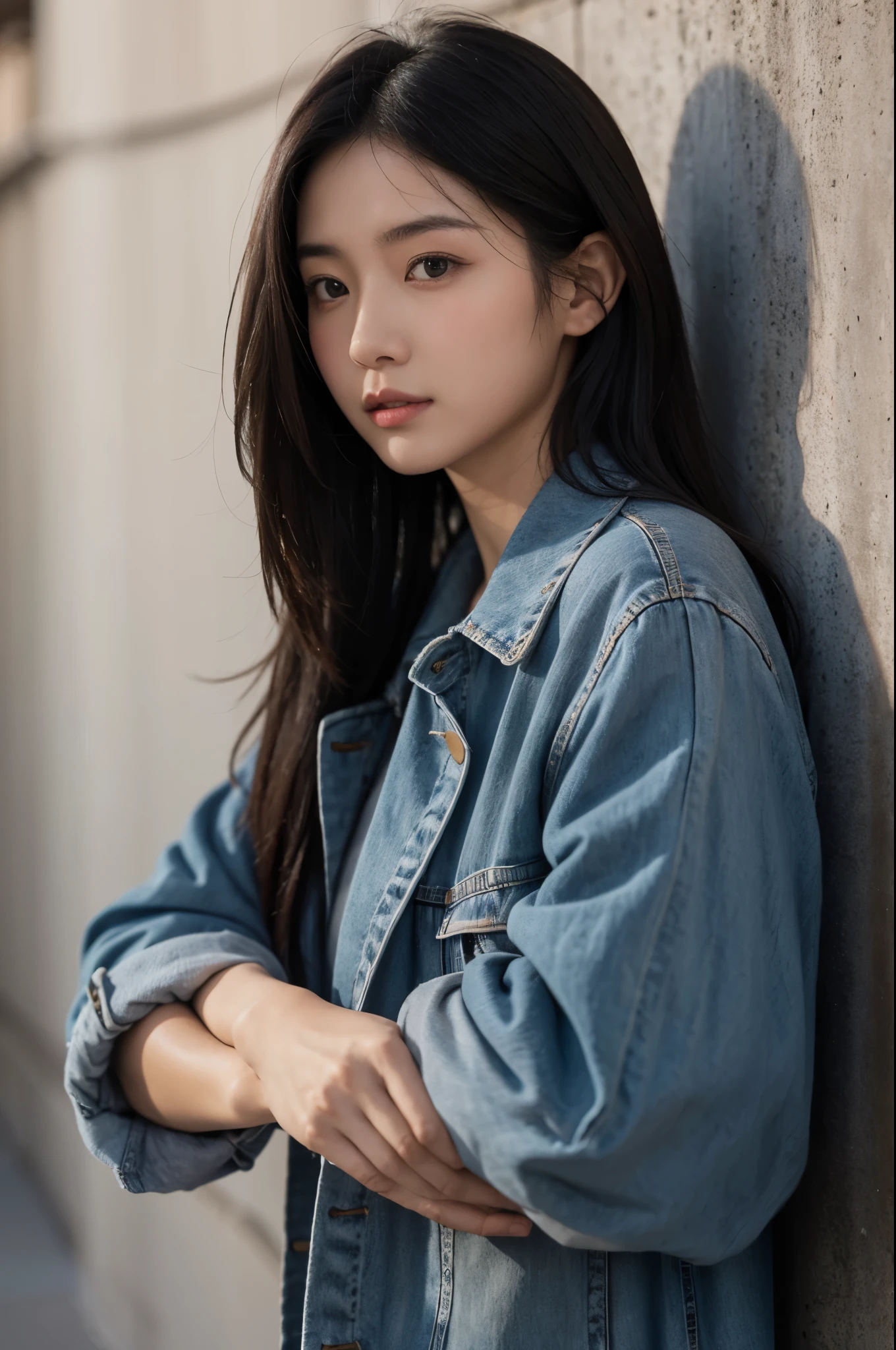 Asian woman in blue jacket against wall, close-up of face, side light