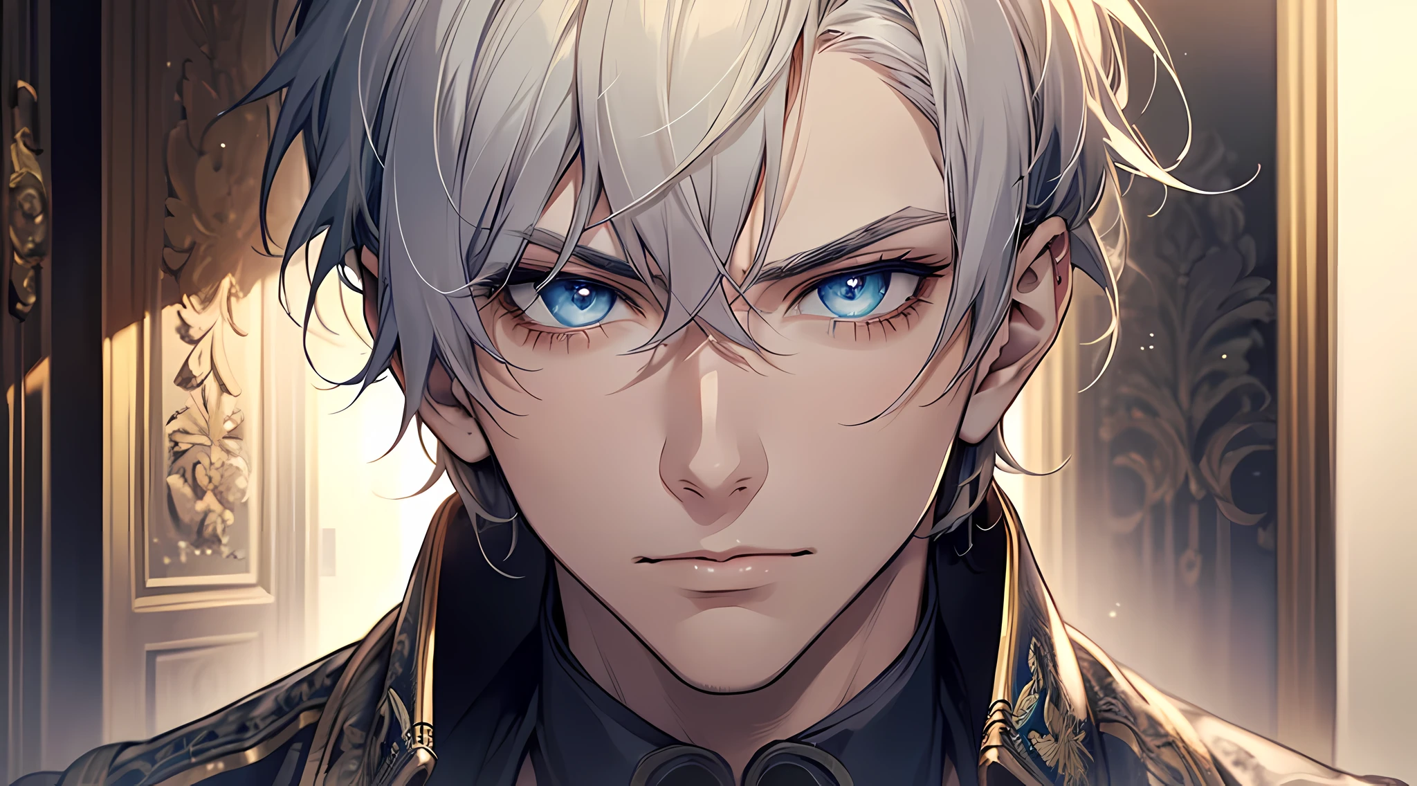 Handsome man, short white hair, blue eyes, writing, serious expression, (masterpiece:1.2), best quality, masterpiece, highres, original, extremely detailed wallpaper, perfect lighting, (extremely detailed CG:1.2), perfect face, perfect eyes, detailed eyes, detailed face