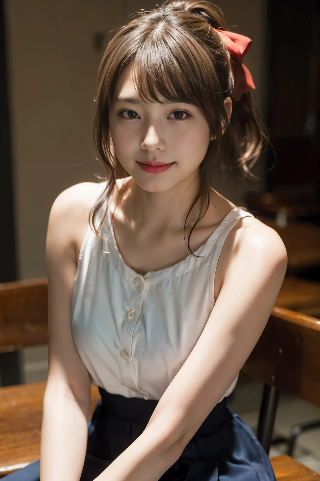 (8K、Raw photo、highest quality、masterpiece:1.2)、(realistic、Photoreal:1.37)、((Completely naked))、super detailed、Super high resolution、1 girl、see the beholder、beautiful and detailed face、laughter、narrow、(slim waist) :1.3)、Beautiful and smooth skin、skin texture、straight hair、professional lighting、human body as a whole、short hair、blonde、high school girl、schoolyard、small breasts、bob hair、smile、Sweat、(shaved pussy:1.1)、(Completely naked:1.1)、(armpit)、collared shirt、red bow tie、(sitting table:1.2)、(facing the front)、(spread your legs:1.2)、(Low ponytail:1.1)