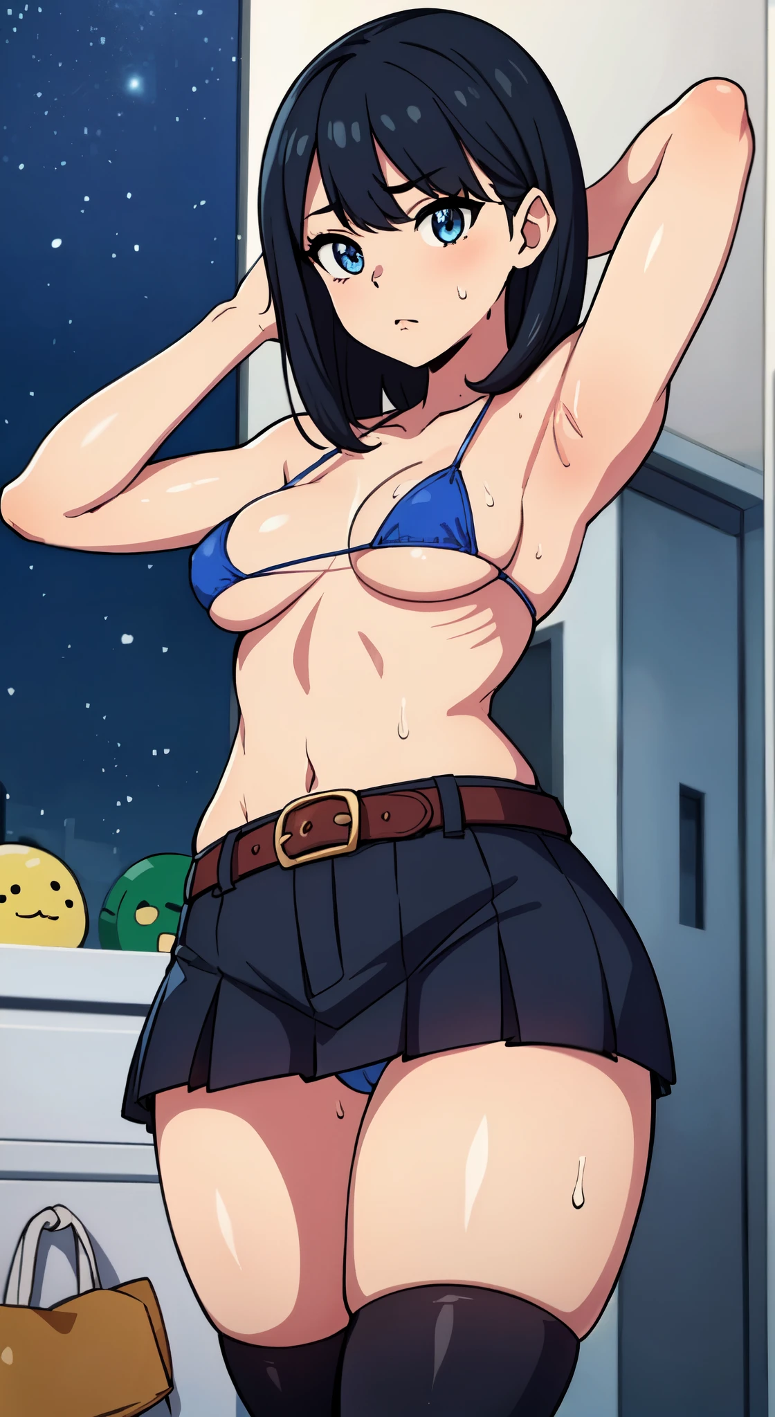 (Perfect b○dy),highest quality,16k、Masseter muscle part、((NSFW))、((((embarrassing))))、((surprised))、(○besity)、((:○))、Tree Fe○lumes、sh○rt hair、(blue eyes),black hair、((Sweat))、(night)、Are standing、b○th armpits、(((thick thighs)))、big ass、(locker room)、light blue bikini、black tight skirt、(belt on thigh)