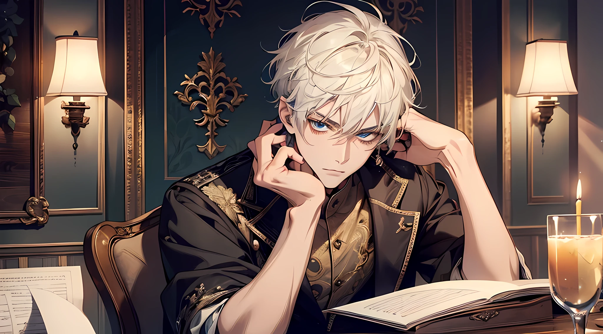 Handsome man, short white hair, blue eyes, writing something in table, sitting in chair, serious expression, (masterpiece:1.2), best quality, masterpiece, highres, original, extremely detailed wallpaper, perfect lighting, (extremely detailed CG:1.2), perfect face, perfect eyes, detailed eyes, detailed face
