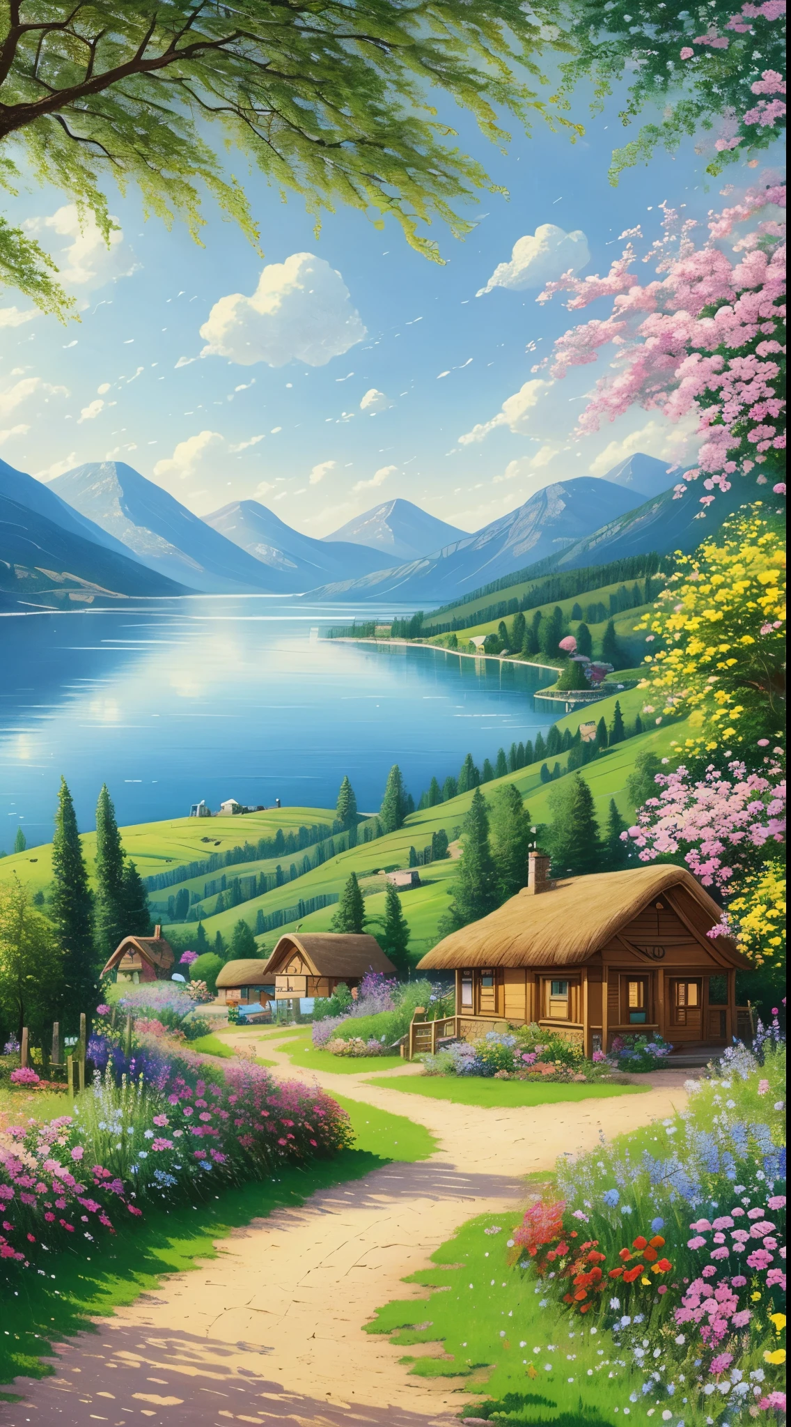 painting of a cottage, flowers beside of fence, fence along the road,  mountain landscape with a lake and a boat, birds flying in the blue sky, illustration matte painting,  inspired by Thomas Kinkade, symmetric matte painting, detailed scenery , style raw, 8 k ultra detailed