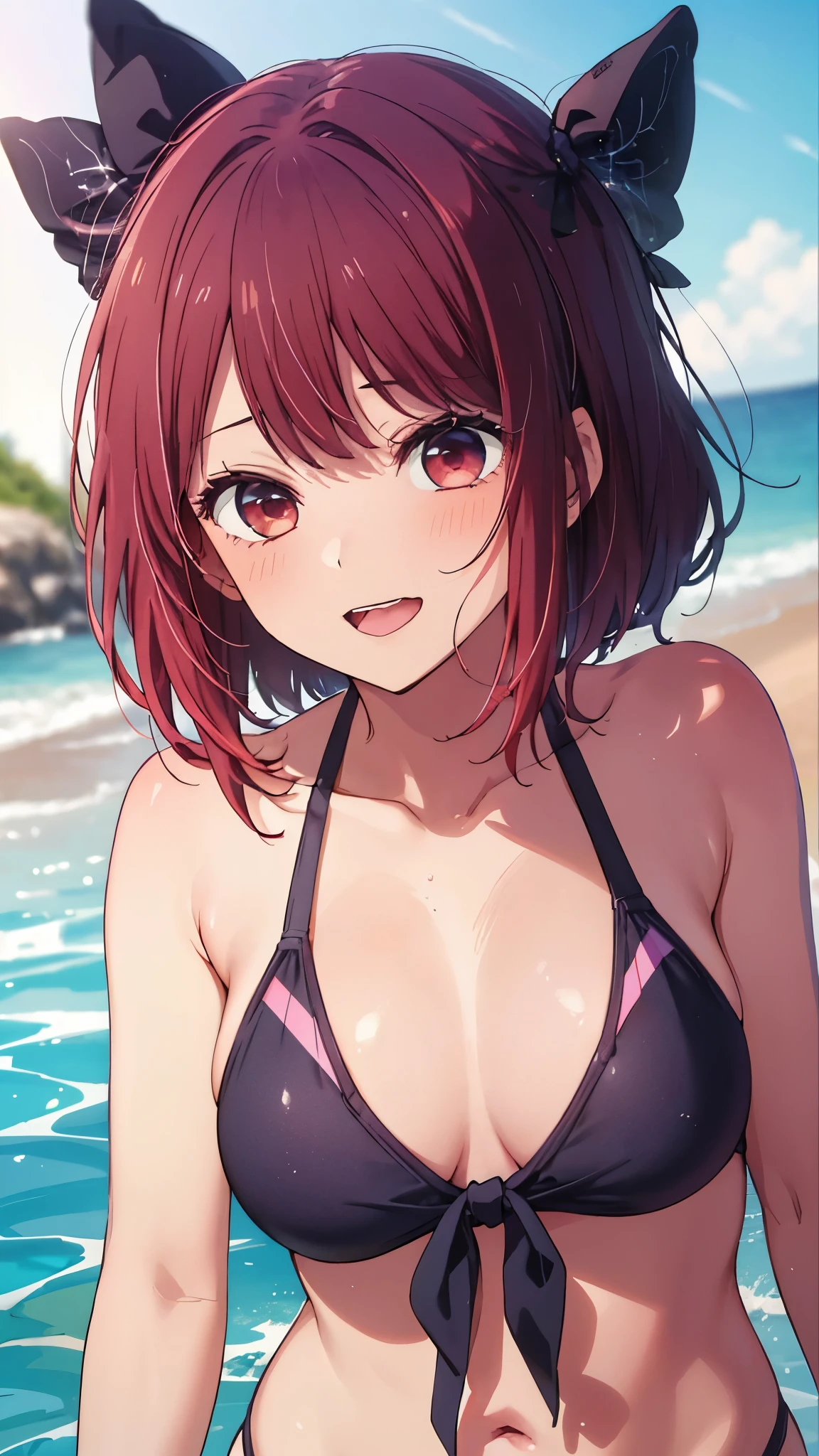 masterpiece、very detailed、(1 girl:1.2)、(((redhead)))、Big eyes、Close-up、laughter、8K、short hair、(((anime style)))、(((2D)))、(((red eyes)))、open your mouth、(((bikini)))、(sandy beach)、(((swimsuit)))、No sleeve、(((big breasts)))、shining eyes