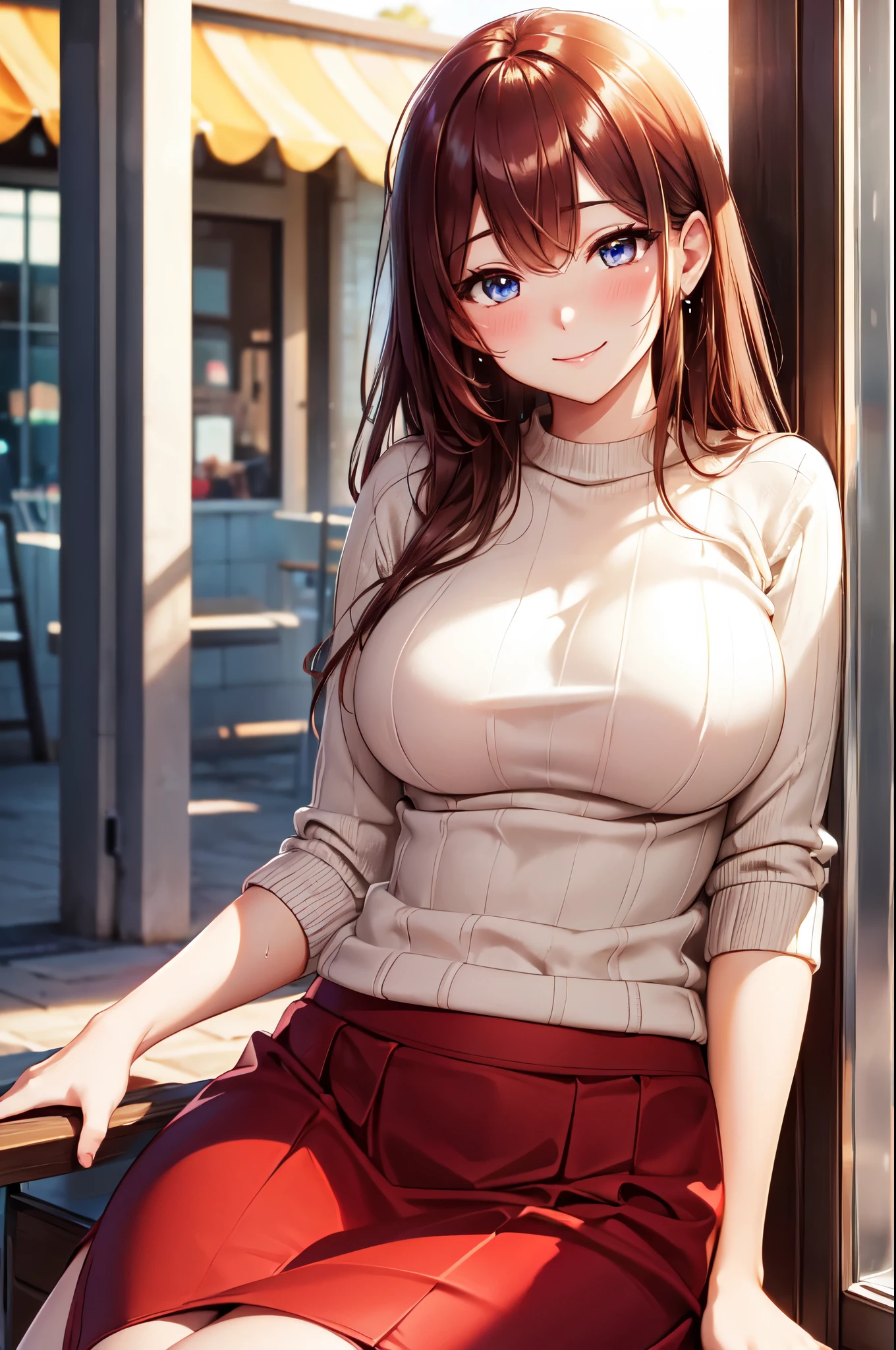 (High quality, High resolution, Fine details), Port Town, Shining Sunlight, (Vertically striped knit sweater), BREAK (long red skirt), solo, curvy women, sparkling eyes, (Detailed eyes:1.2), smile, blush, Sweat, Oily skin, shallow depth of field
