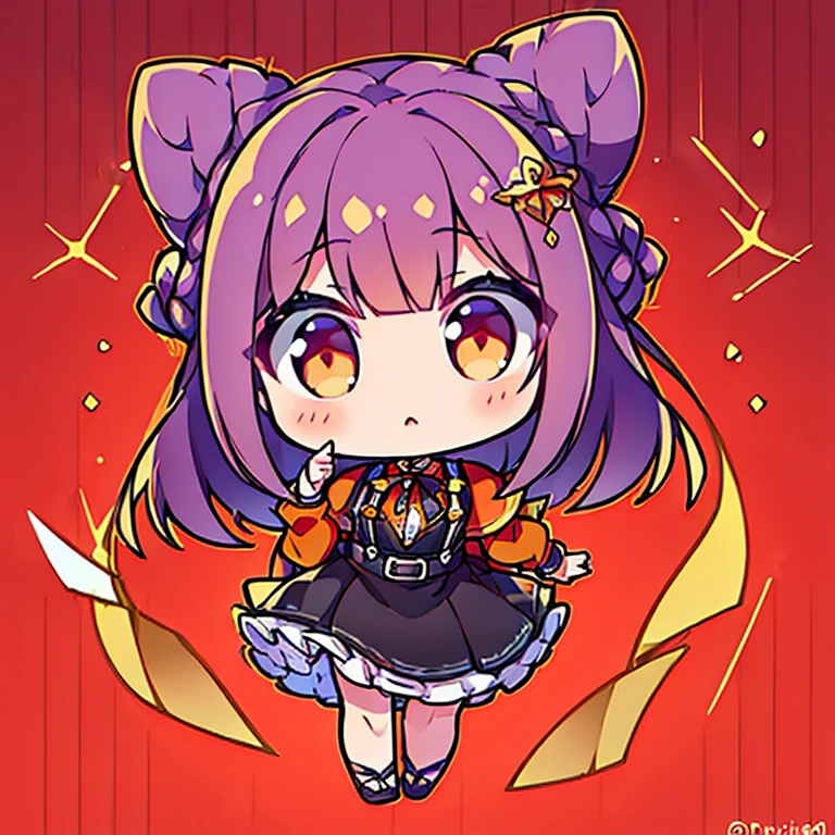 highest quality,High resolution,masterpiece,Two dimensions,young girl,cute,small breasts,(bun hair),thin hair,short bob,(Curled bristles),purple hair,I braided part of my bangs,glowing orange eyes,narrow eyes,((complicated clothes,(red linen clothes,Part of the chest has a white design),black suspenders,big black belt,skirt,fine decoration))