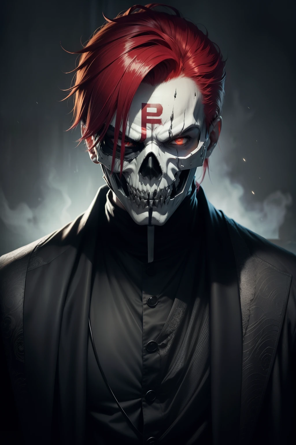 Title: The Enigmatic Leader - Ghostly Mask Revealing a Psychopathic Soul

Description:
This Full HD image portrays a very realistic depiction of a Japanese man, clad in a black mask, which unfolds an intriguing enigma. The mask, resembling a ghostly skull, boasts delicate and mysterious details that defy the ordinary. Its empty eye sockets emit an eerie, psychopathic, and scary appearance, instilling a sense of unease amongst onlookers.

The man beneath the mask looks about 12 years old despite his deceptive, dominant presence. His modern, bold red haircut sets an unusual contrast to his youthful appearance