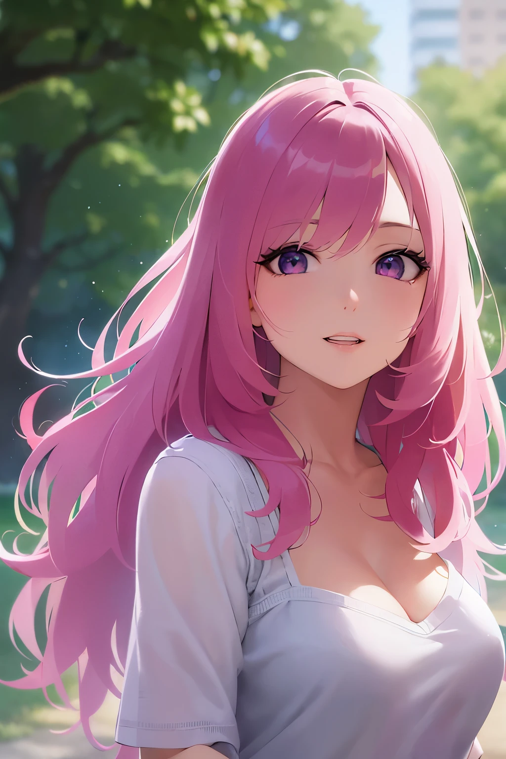 Hands on the chin、cleavage, Upper body is shown、Realistic, real person, RAW photo, photorealistic, portrait photography, shiny skin, japanese idol、pink hair、Wavy medium hair with bangs、20 year old woman with pink eyes、wearing a white T-shirt、smiling expression、open mouth, Alone、Are standing、No background