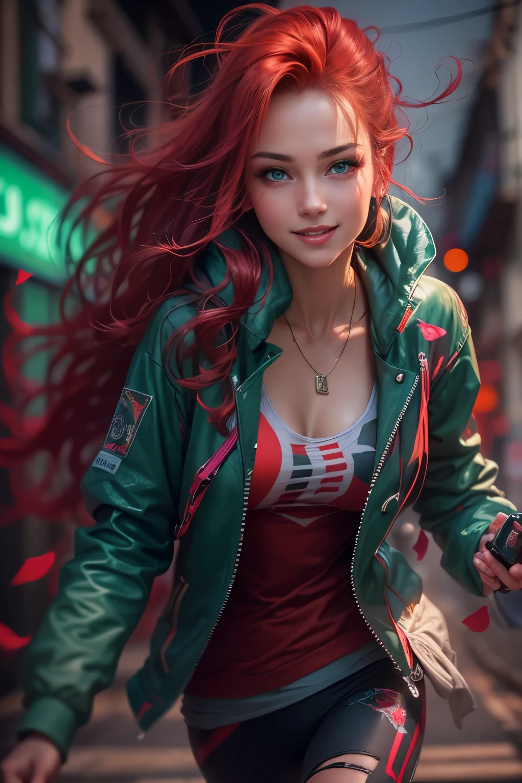 photorealistic, high resolution, 1 beautiful female, beautiful emerald eyes, flowing long red hair, smiling, red cyberpunk streetwear, run towards camera, background back alley street, dramatic, chromatic aberration.