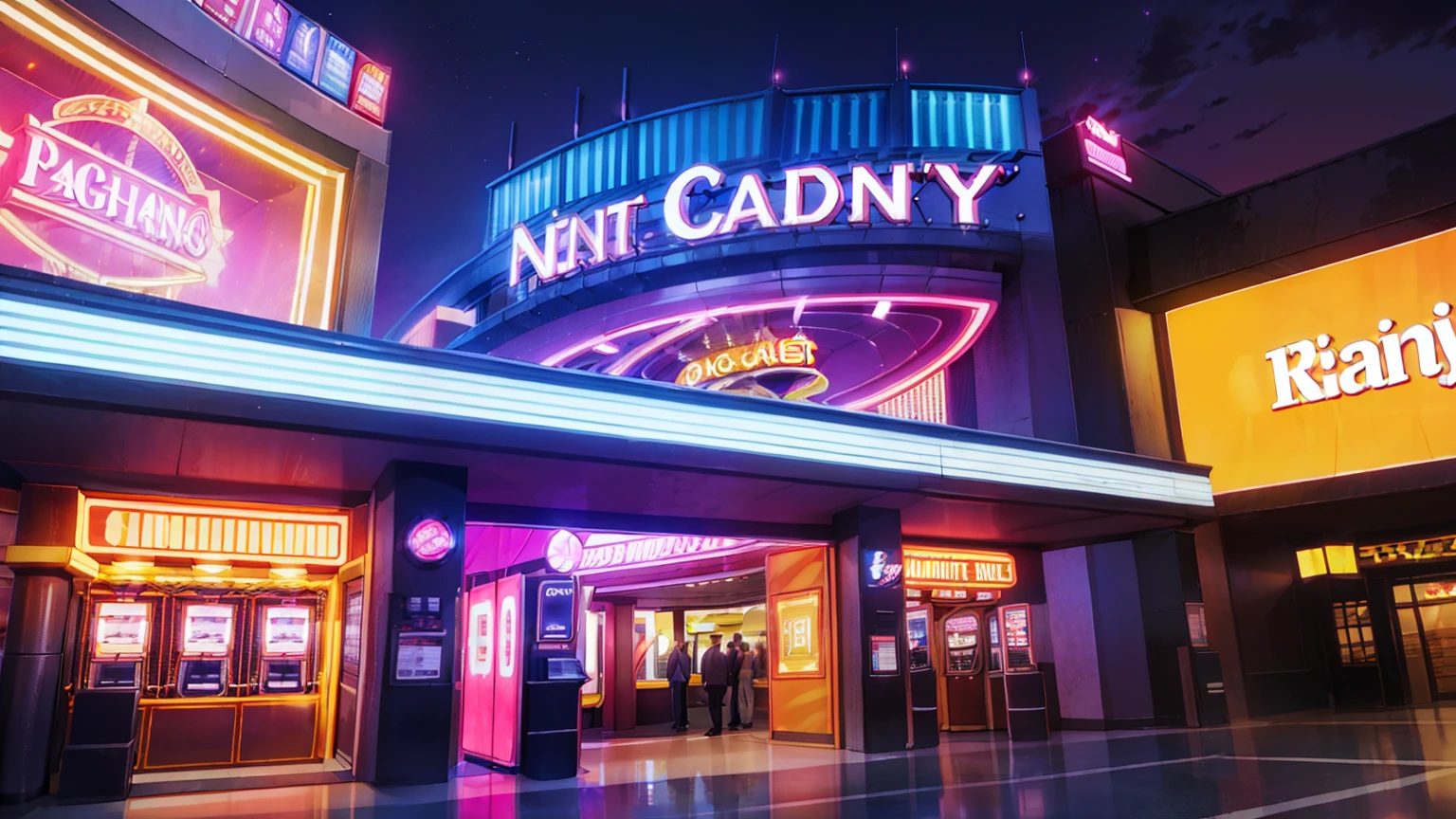 Entrance to a casino, well lit, night, multi-story building, signs, pink night sky