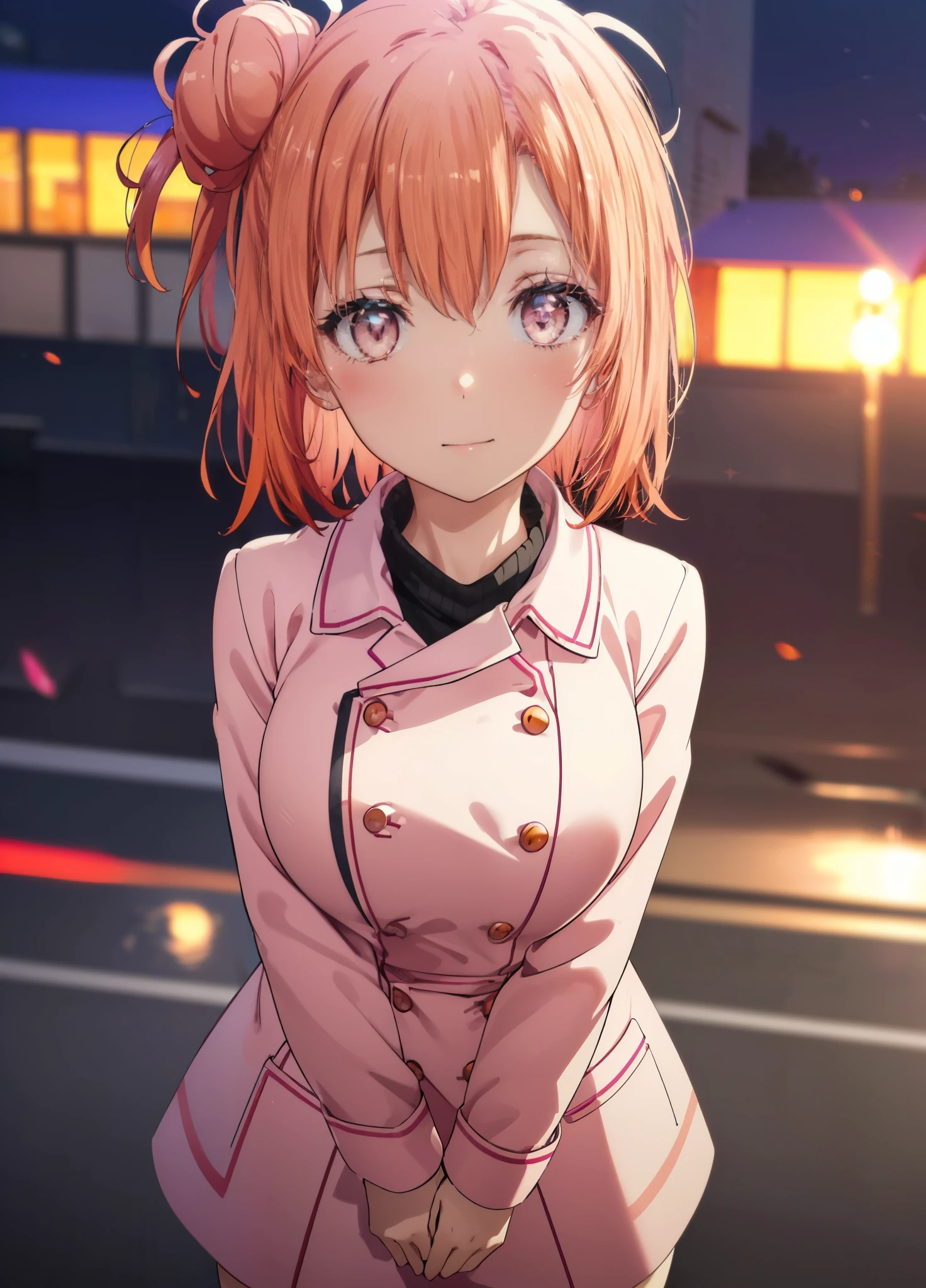 yuiyuigahama, yui yuigahama, long hair, (pink eyes:1.5), (orange hair:1.2), bun hair, single bun hair,blush, smile, (big breasts:1.2),red muffler,Pink long coat Open the button,white sweater,Short Band,black knee high socks,short boots,evening,sunset,
break outdoors,city,building street,
break looking at viewer,whole body,peek from above, (cowboy shot:1.5),
break (masterpiece:1.2), highest quality, High resolution, unity 8k wallpaper, (shape:0.8), (beautiful and detailed eyes:1.6), highly detailed face, perfect lighting, Very detailed CG, (perfect hands, perfect anatomy),