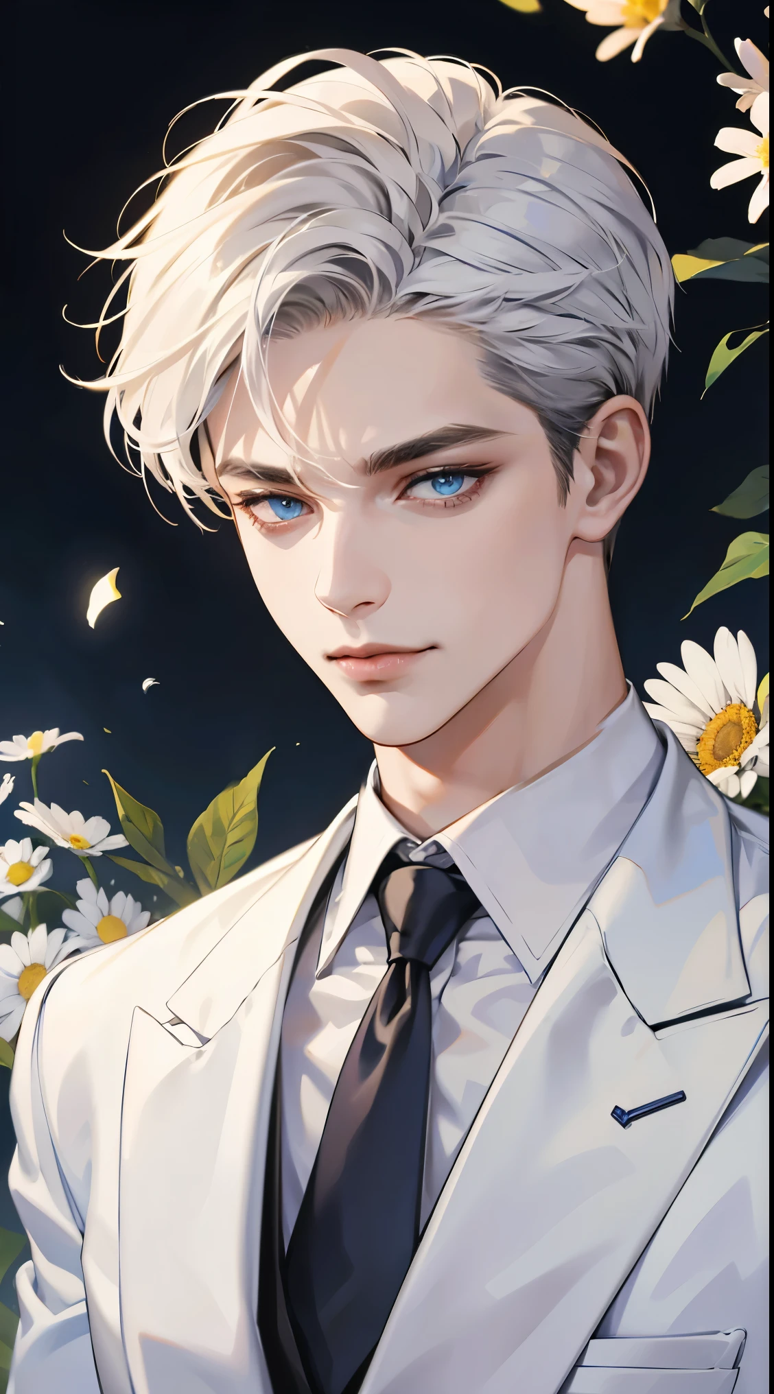 ((masterpiece)),(((best quality))), (detailed light) (detailed shadow), (high quality, breathtaking),(expressive eyes, perfect face), 1man, solo, male, tall, (mature), board shoulder, muscular, short Platinum hair, side swep bangs, blue eyes, smiling, white suit, white tie, daisy flower background, flower petal flying, windy, look at viewer, one ear earing.