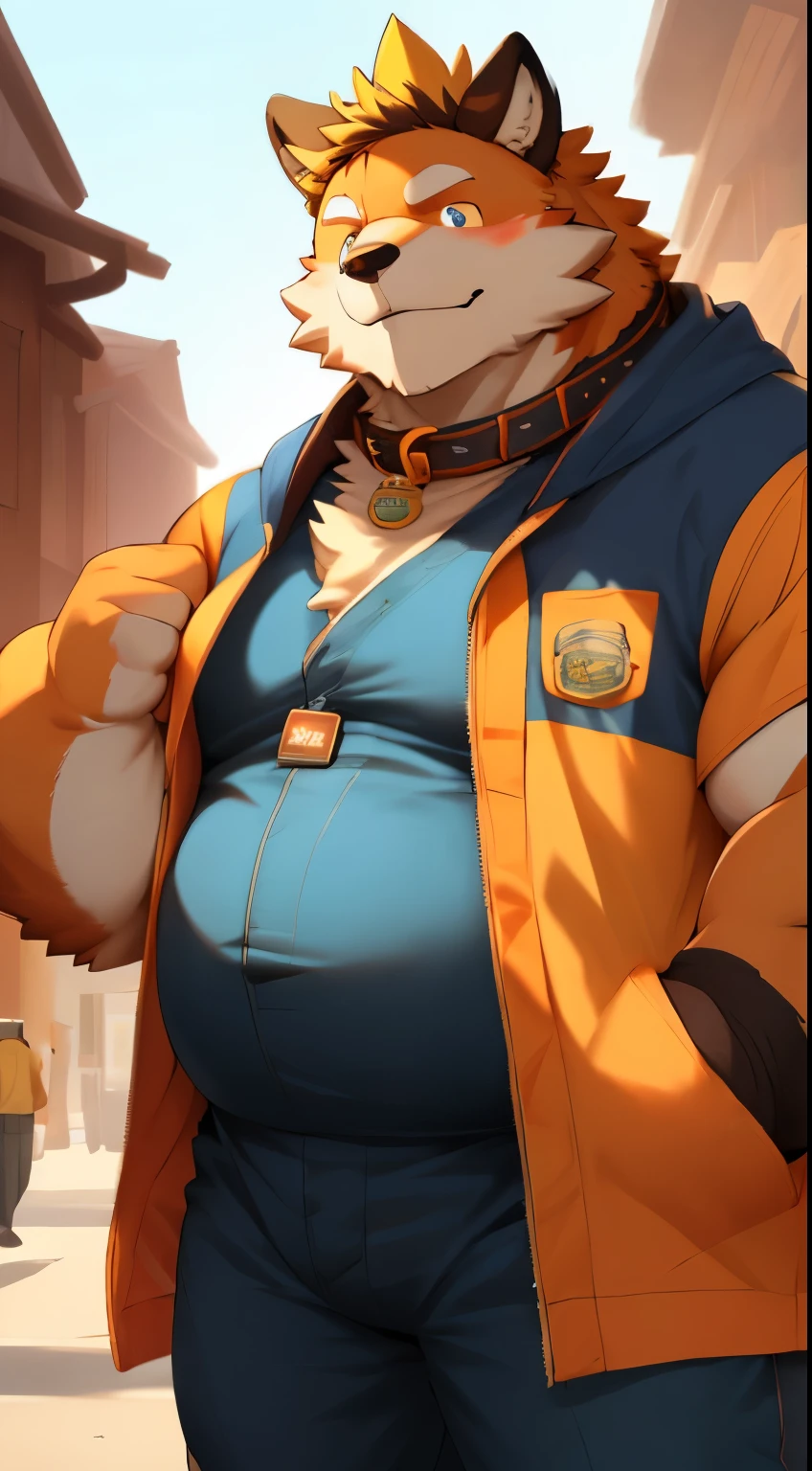 (best quality, 4k, highres, realistic:1.2), furry, yellow-haired, muscular structure, fattish man, naked, powerful, ultra-clear, young kid,with a large collar, black overalls, orange pupils, soft belly, jacket, flat brim hat, with a large collar, giant, mountain sparrow, solitary, strong arms, windbreaker, badge, noticeable abs, urban style, clenched fist, large, looking at the audience, facing the street, windbreaker