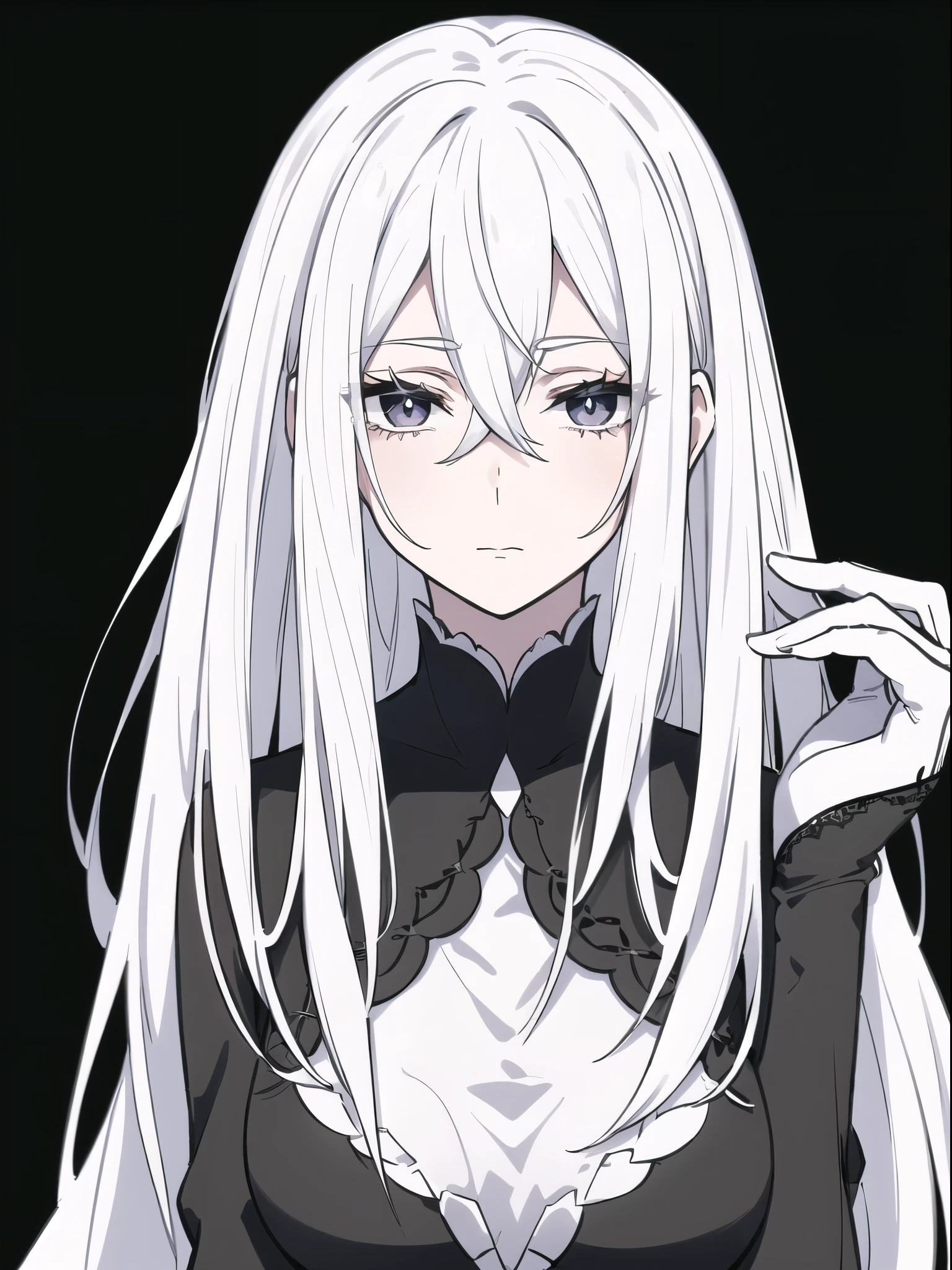 ((White hair)),((Head and Shoulders Image)),Sexy,A person,Alone,Simple style,pancake ,Simple details,Black background,Empty background,Black background wall,(20 year old woman),(Droopy hair),(White Gloves),(Evening Gown),(Lace Shirt),Lace,(confidence)