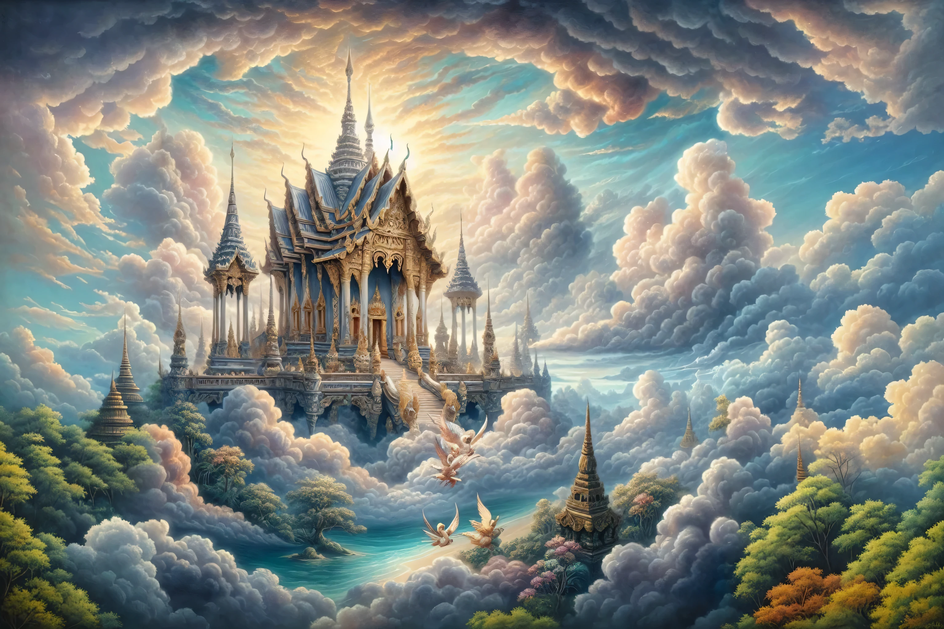 Thai Heaven.Thai Painting. cloudy sky.